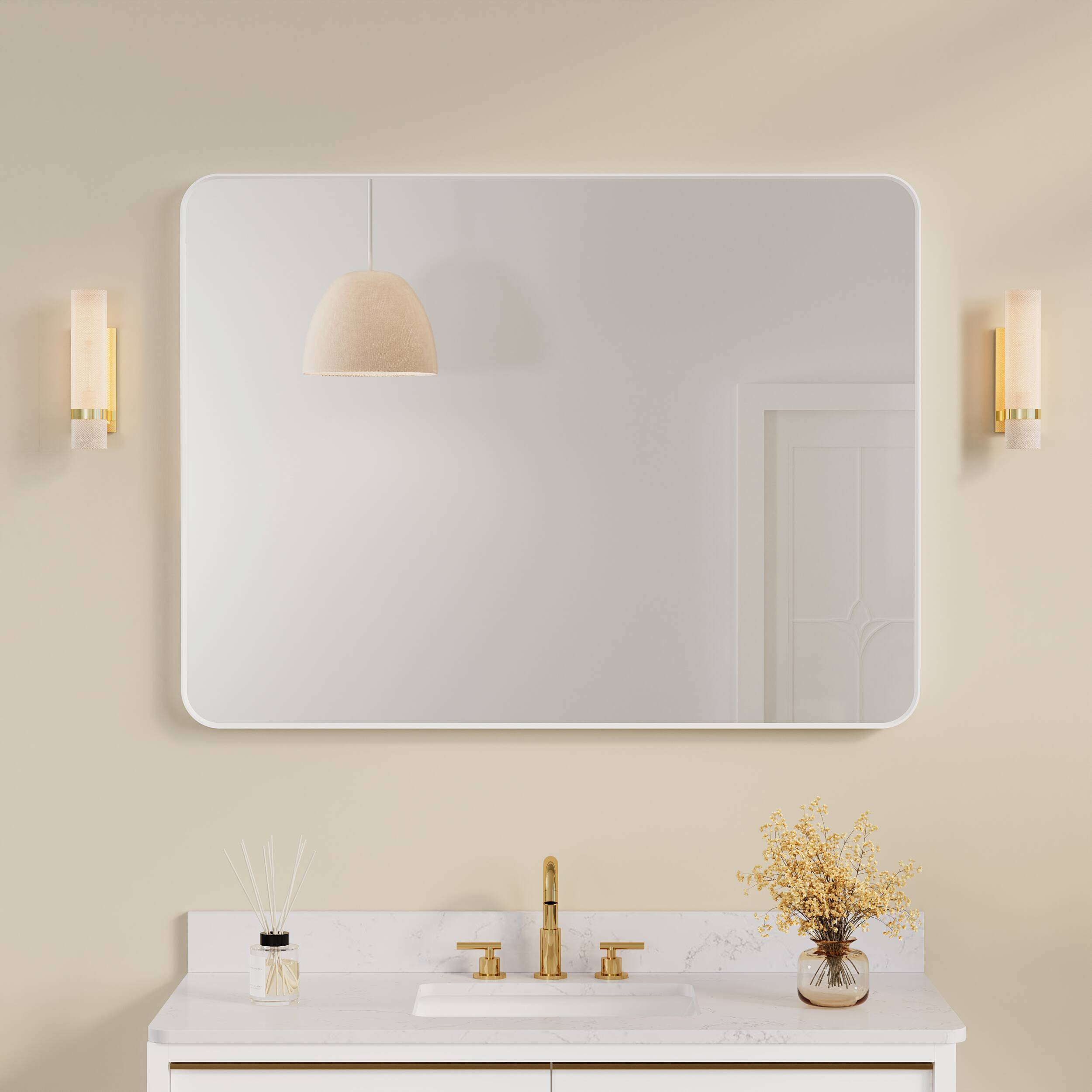 Back. WELLFOR - 48 in. W. x 36 in. H Rectangular Aluminum Framed Wall-Mounted Bathroom Vanity Mirror - White.