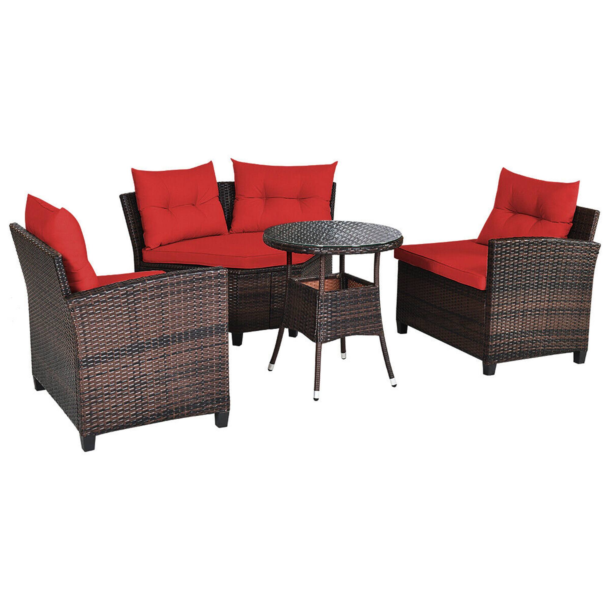 Alt View 5. Gymax - Gymax 4PCS Patio Furniture Set Outdoor Rattan Sectional Sofa Set w/ Red Cushions - Red.