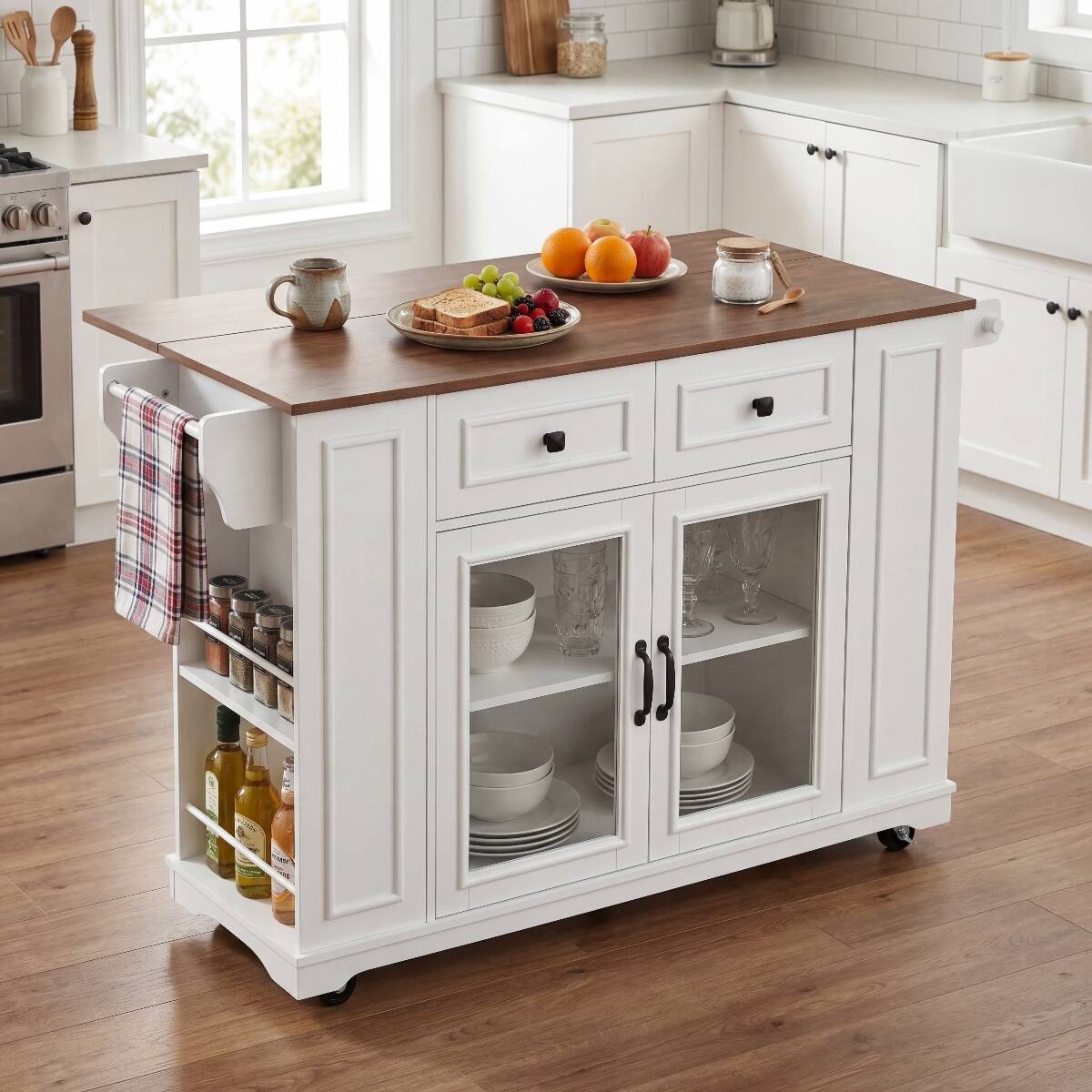 Front. Loheer - Loheer 54 inch mobile kitchen island with Power Outlet and Glass Doors, White and Walnut - White+Walnut.