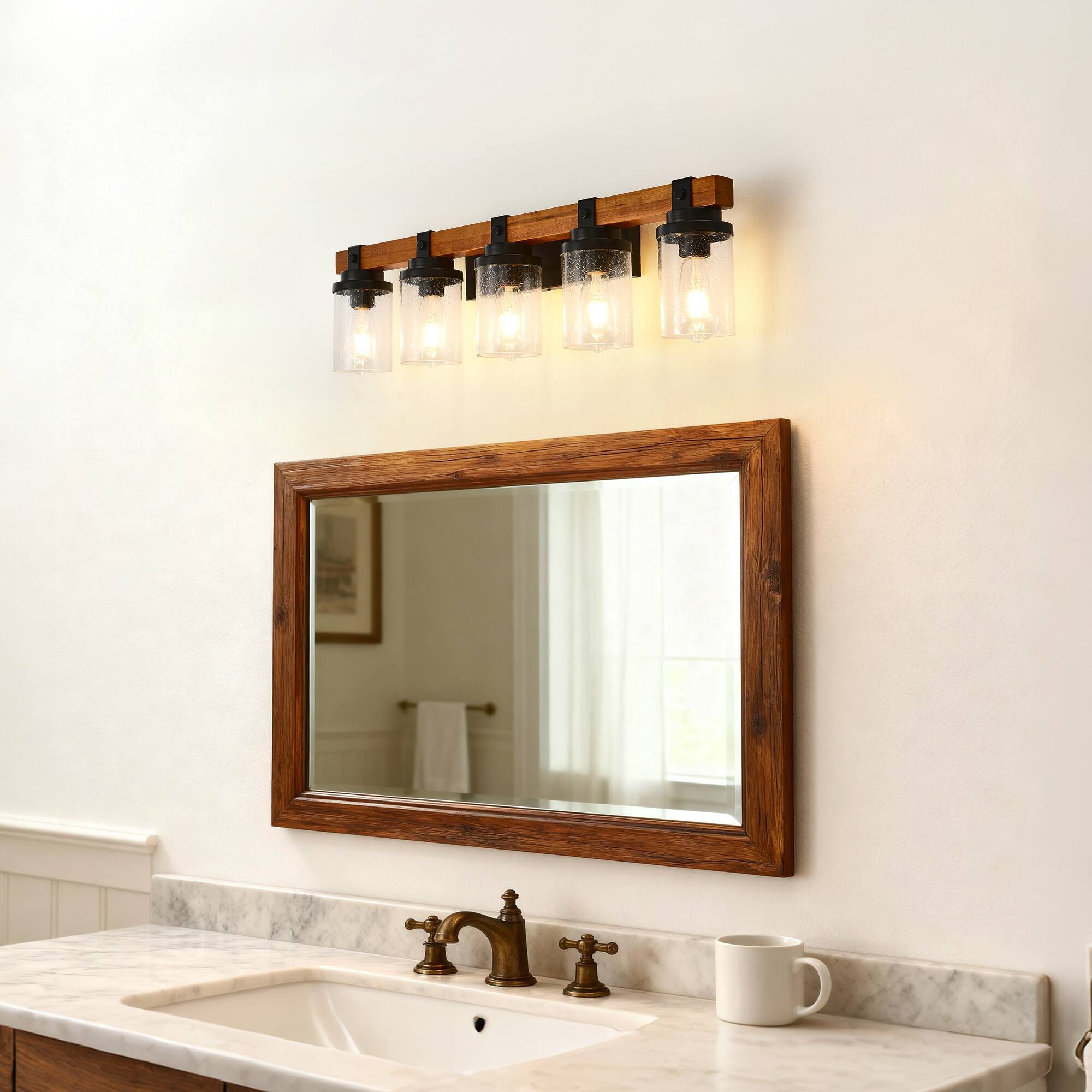 Back. TinyHomie - 5 Light Matte Black Wood Wall Lamps with Glass Lamp Shades No Bulbs For Bathroom Kitchen Dinning Room.