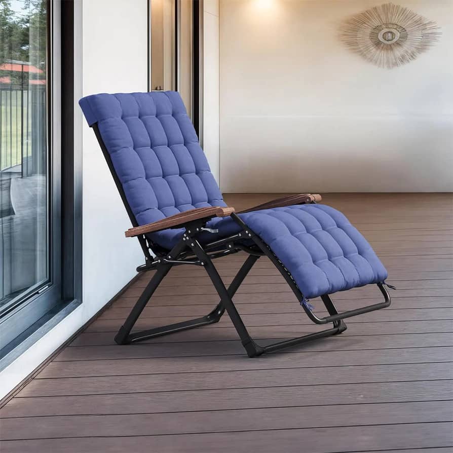 Front. PURPLE LEAF - ExtraWide Patio Reclining Chair Zero Gravity Chaise Lounge Folding Chair with Removable Cushion Adjustable Headrest - Navy Blue.