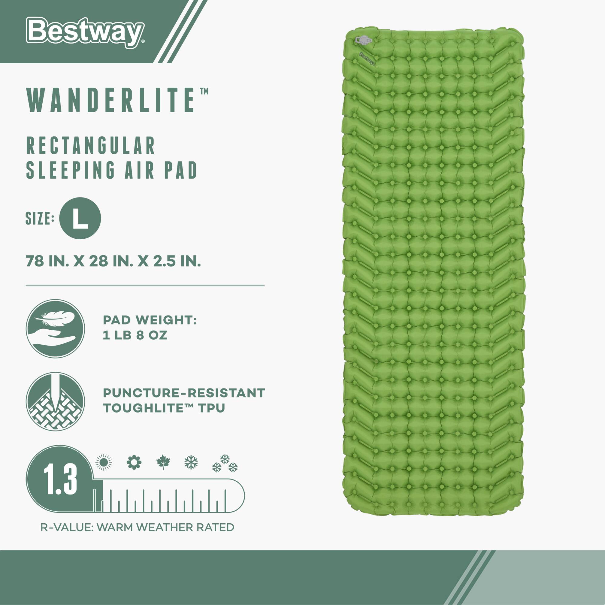 Bestway WANDERLITE™ RECTANGULAR SLEEPING AIR PAD

SIZE: L  
78 IN. X 28 IN. X 2.5 IN.

PAD WEIGHT: 1 LB 8 OZ

PUNCTURE-RESISTANT TOUGHLITE™ TPU

R-VALUE: 1.3  
WARM WEATHER RATED