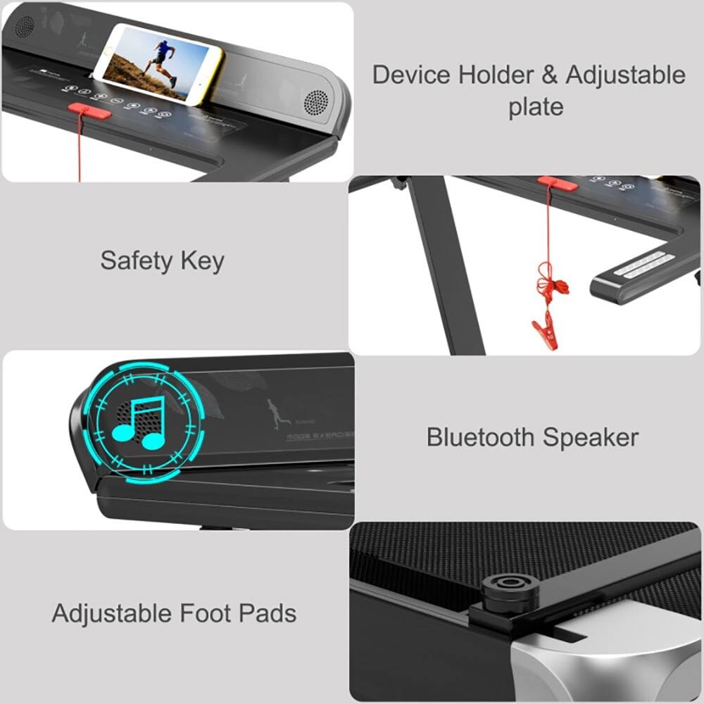 - Device Holder & Adjustable plate
- Safety Key
- Bluetooth Speaker
- Adjustable Foot Pads
