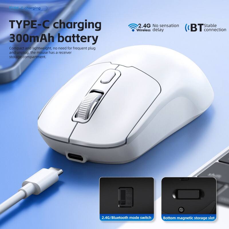 TYPE-C charging  
300mAh battery  

Compact and lightweight, no need for frequent plug and unplug, the mouse has a receiver storage compartment.  

2.4G No sensation  
Wireless delay  

Stable connection  

2.4G/Bluetooth mode switch  
Bottom magnetic storage slot