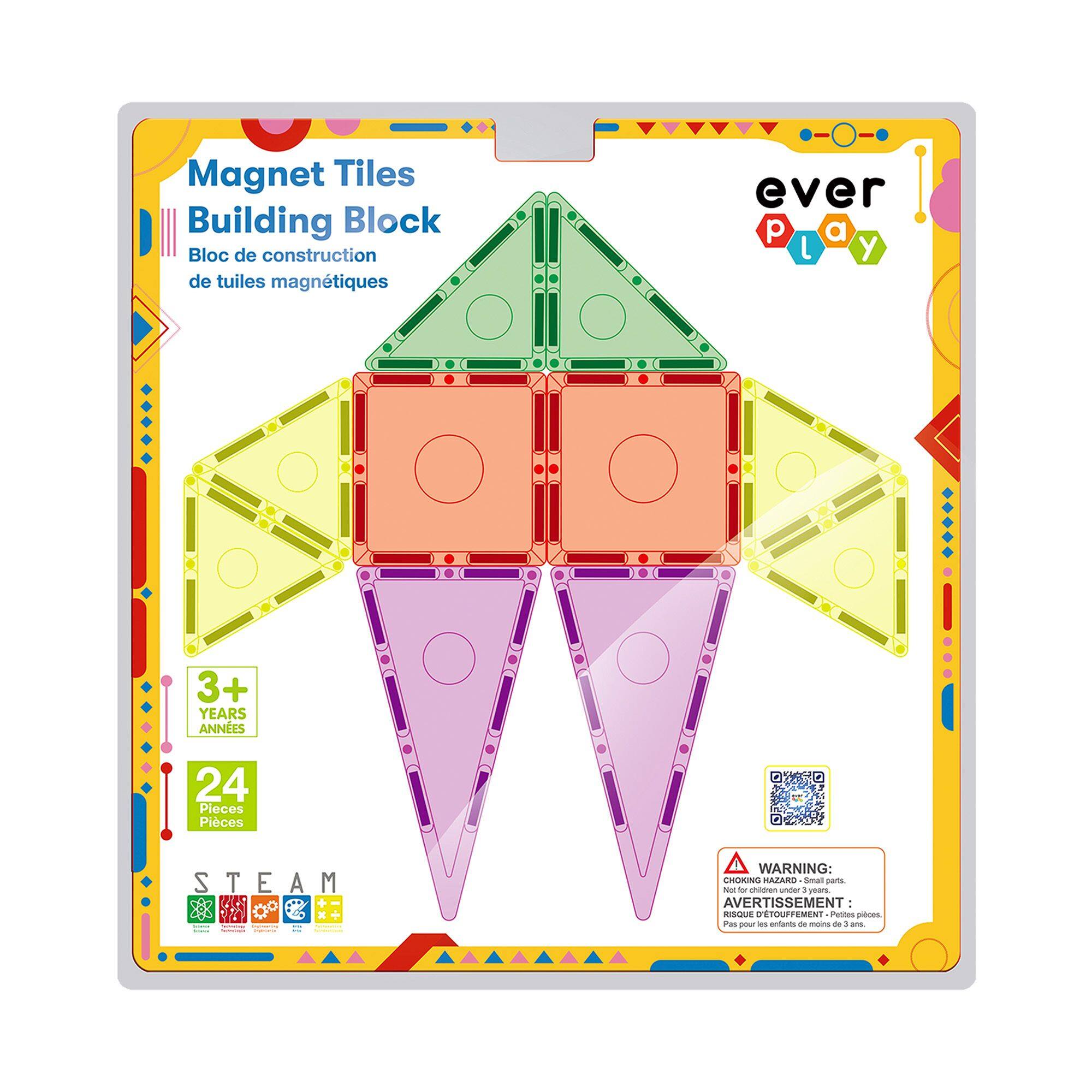 Magnet Tiles Building Block  
Bloc de construction de tuiles magnétiques  

ever play  

3+ YEARS ANNEES  
24 Pieces Pièces  

STEAM  

WARNING: CHOKING HAZARD - Small parts.  
AVERTISSEMENT: RISQUE D'ÉTOUFFEMENT - Petite pièce.  
Pas pour les enfants de moins de 3 ans.