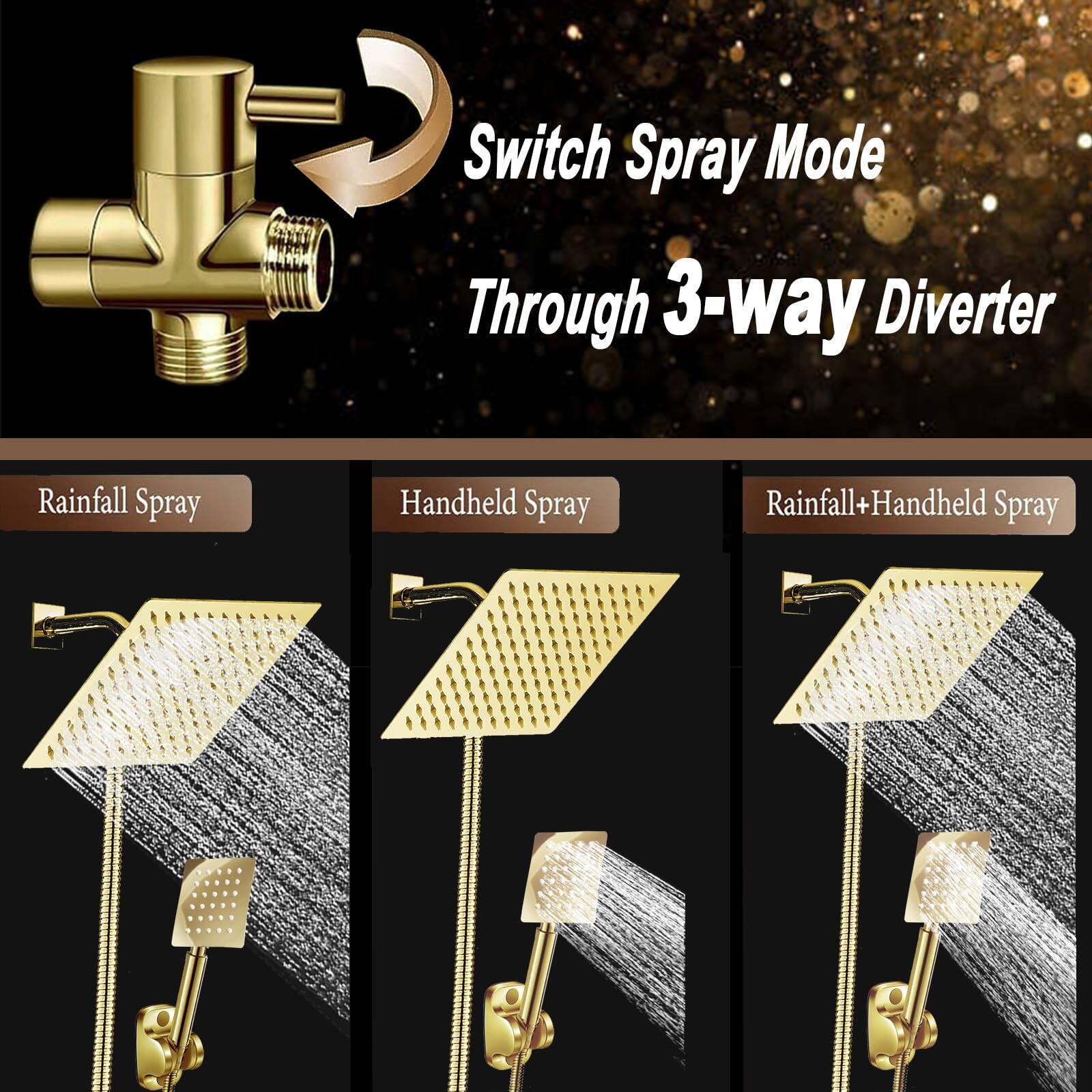 Switch Spray Mode Through 3-way Diverter

Rainfall Spray

Handheld Spray

Rainfall+Handheld Spray