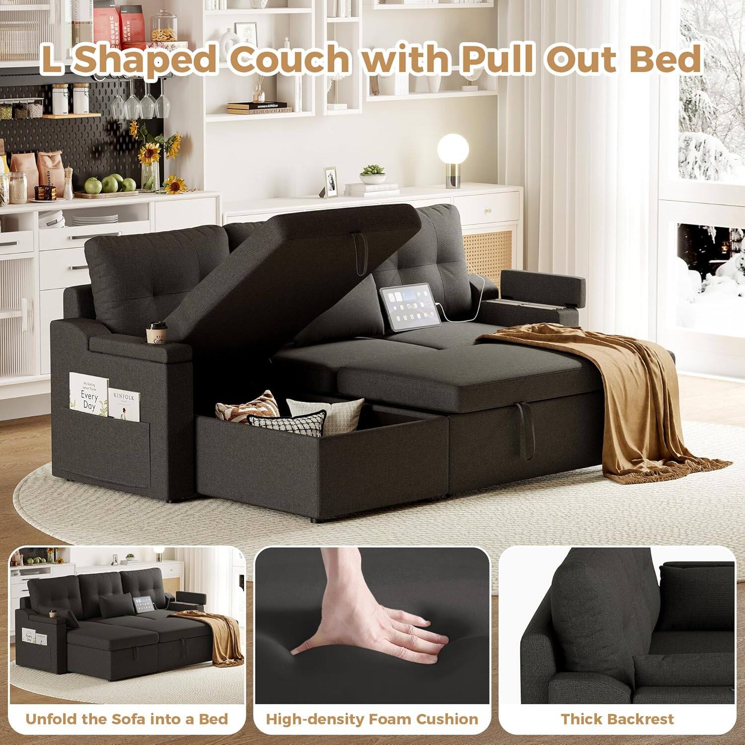 L-Shaped Couch with Pull Out Bed

- Unfold the Sofa into a Bed
- High-density Foam Cushion
- Thick Backrest