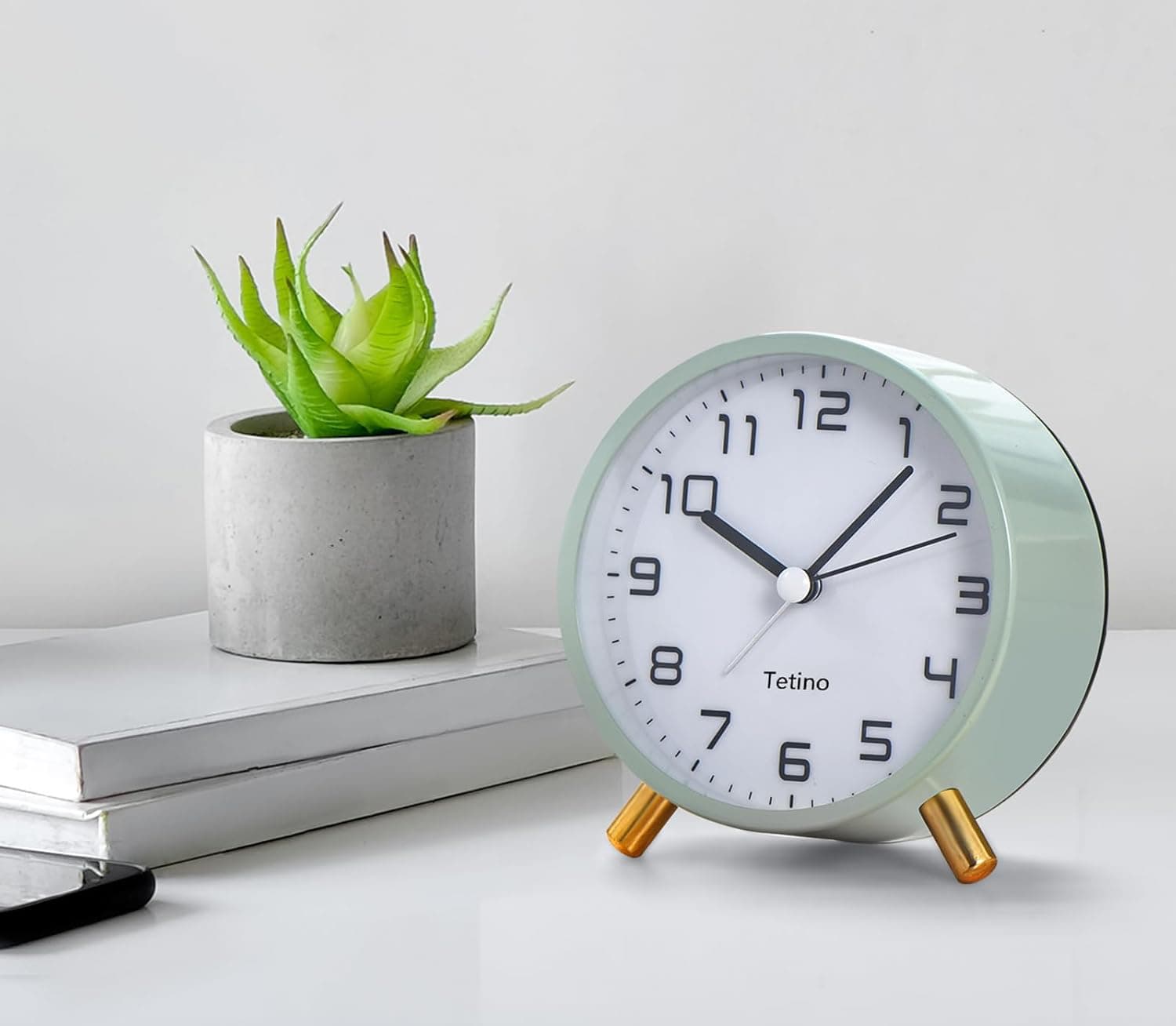 Alt View 1. FINEAK - Silent Retro Metal Alarm Clock with Night Light, Battery Operated, Green - Gray.