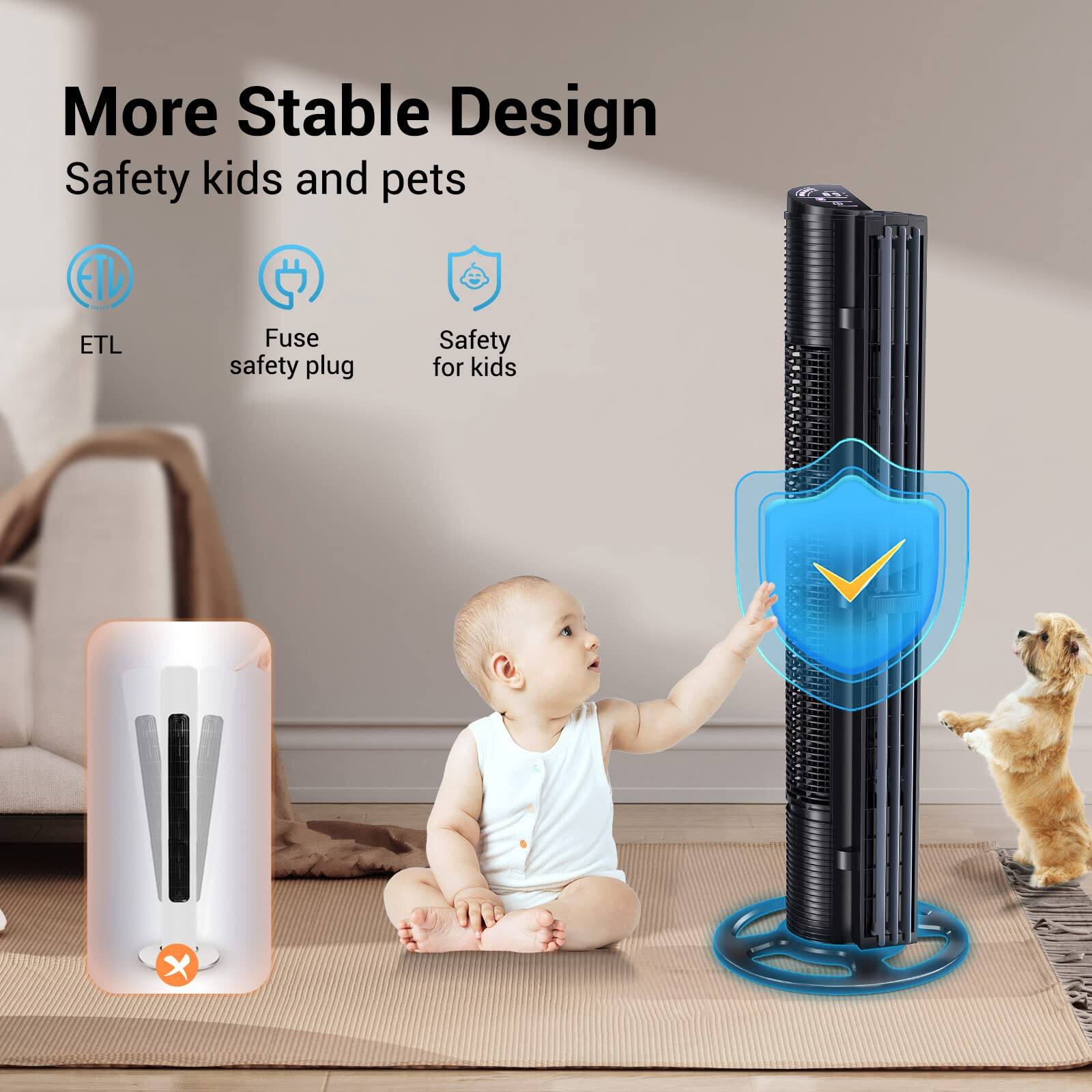 More Stable Design  
Safety for kids and pets  

- ETL  
- Fuse safety plug  
- Safety for kids