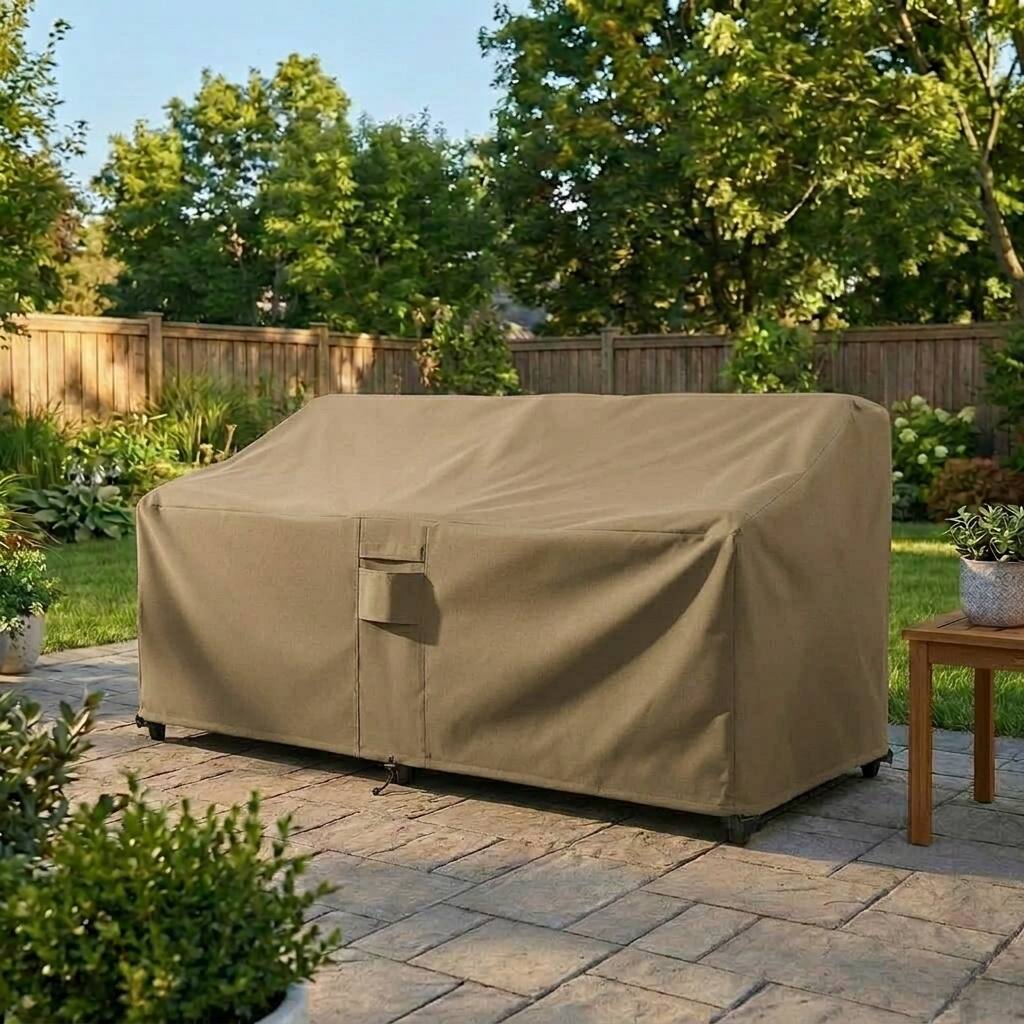 Angle. KHOMO GEAR - Heavy-Duty Patio Sofa Cover, Waterproof Outdoor Furniture Protector, Fade & Weather Resistant – 32.5" H x 104" W x 31" - Brown.
