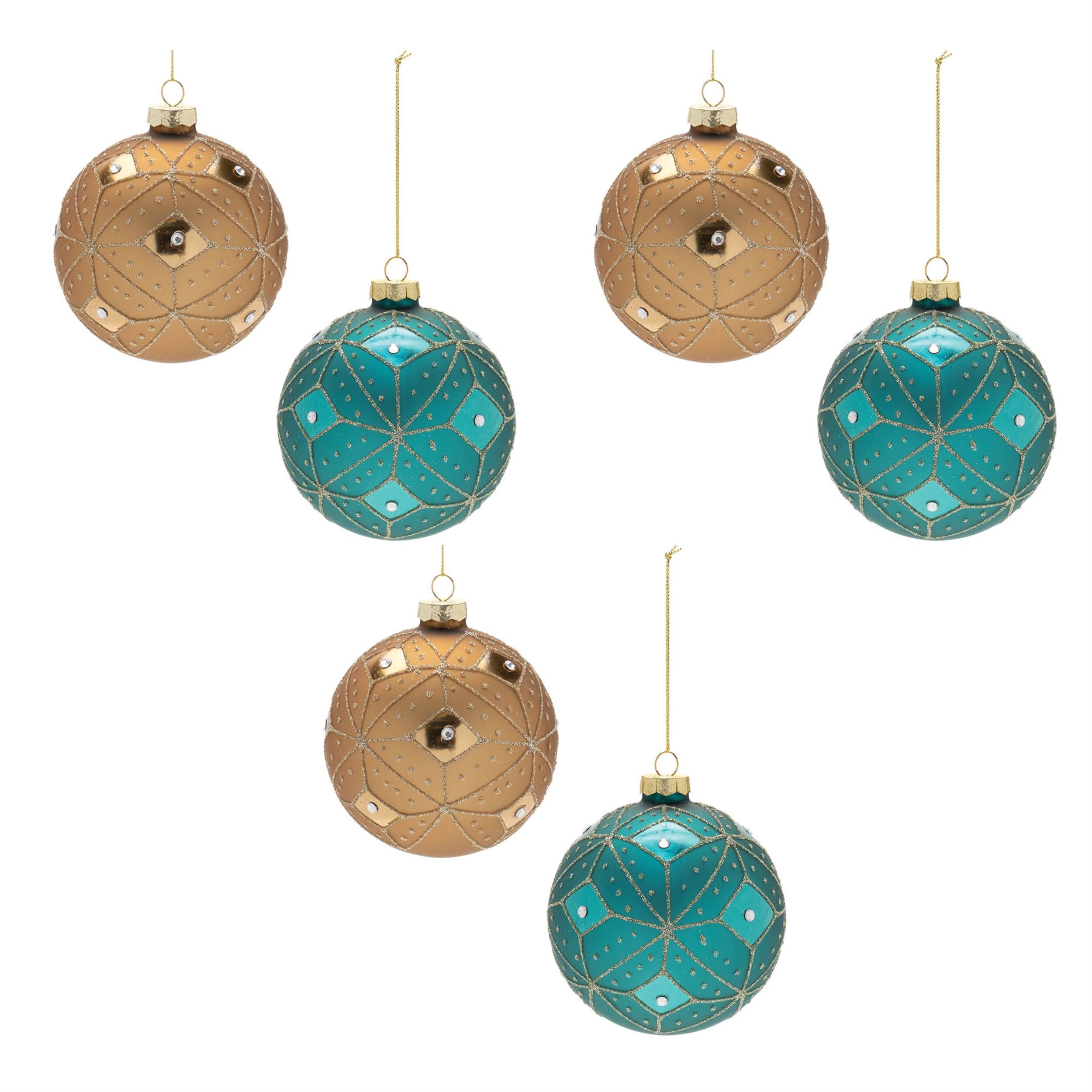 Alt View 2. BreeBe - Geometric Glittered Glass Ball Ornament (Set of 6) - Blue, Gold.
