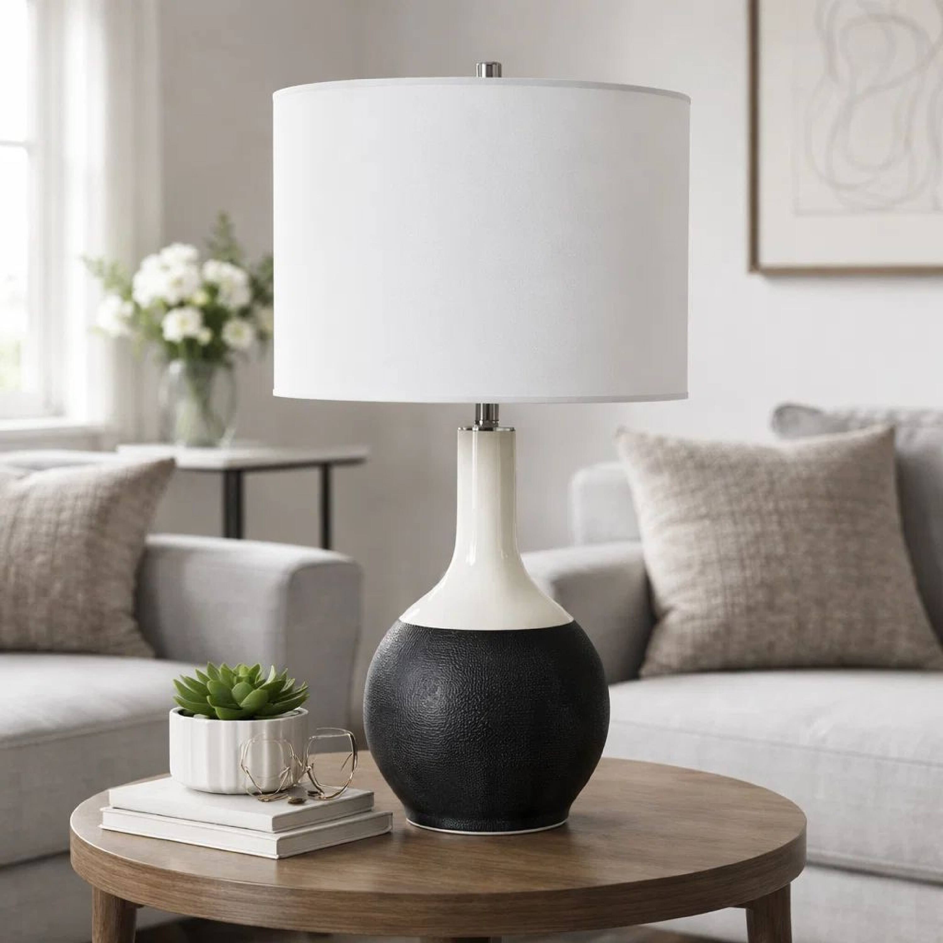 Alt View 5. Manhattan Lane - Table Lamp, Linen Shade, 23 Inch Ceramic Accent - Black, White.