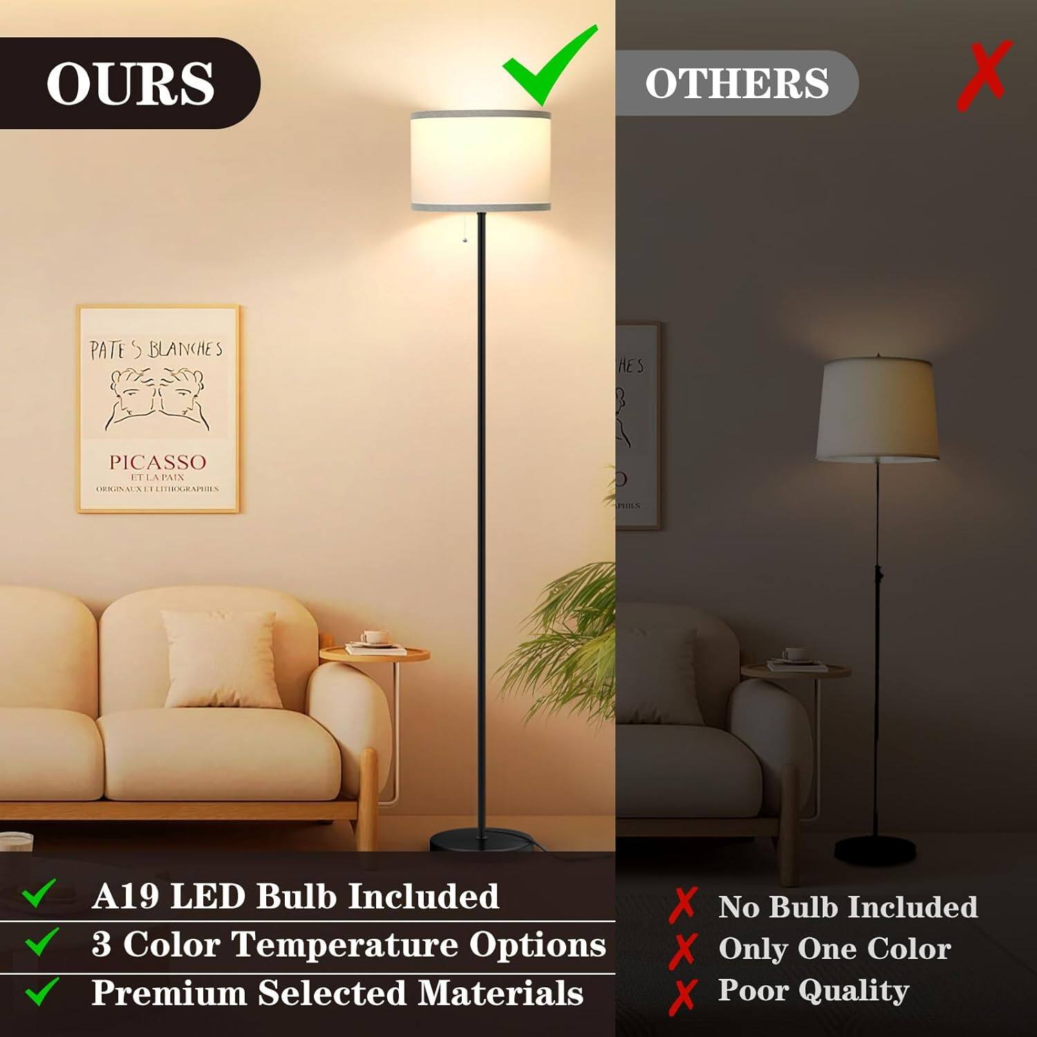 OURS  
- A19 LED Bulb Included  
- 3 Color Temperature Options  
- Premium Selected Materials  

OTHERS  
- No Bulb Included  
- Only One Color  
- Poor Quality