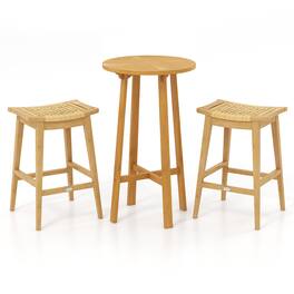 Gymax - 3 Piece Patio Bar Set Round Cocktail Table w/ 2 Rattan Saddle Stools - Natural