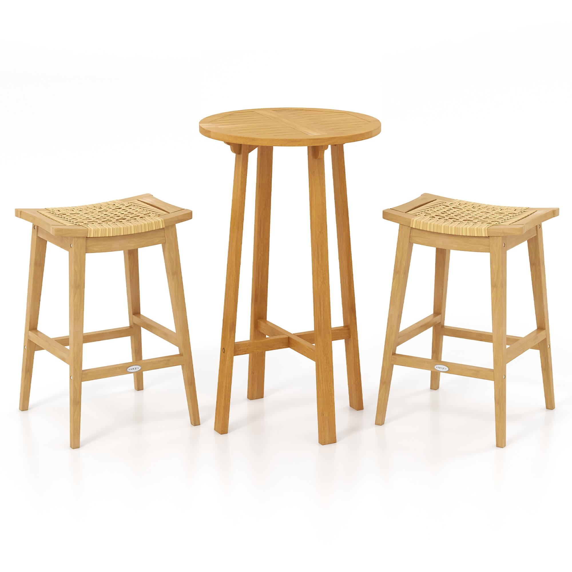 Front. Gymax - Gymax 3 Piece Patio Bar Set Round Cocktail Table w/ 2 Rattan Saddle Stools - Natural.