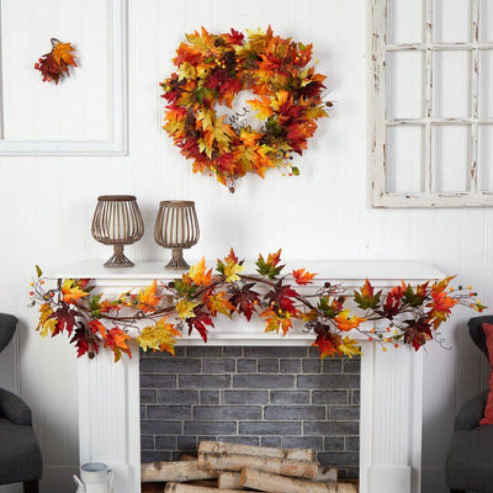 Left. BreeBe - 6' Autumn Maple Leaf and Berry Fall Garland - Orange.