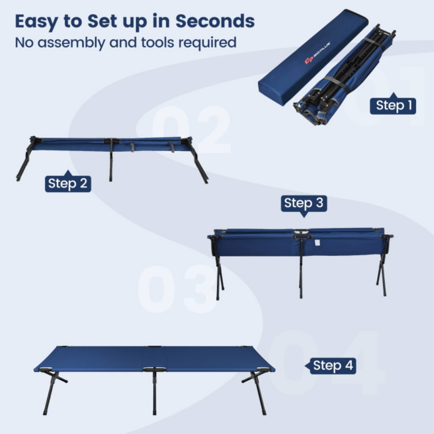 Easy to Set up in Seconds  
No assembly and tools required  

Step 1  
Step 2  
Step 3  
Step 4