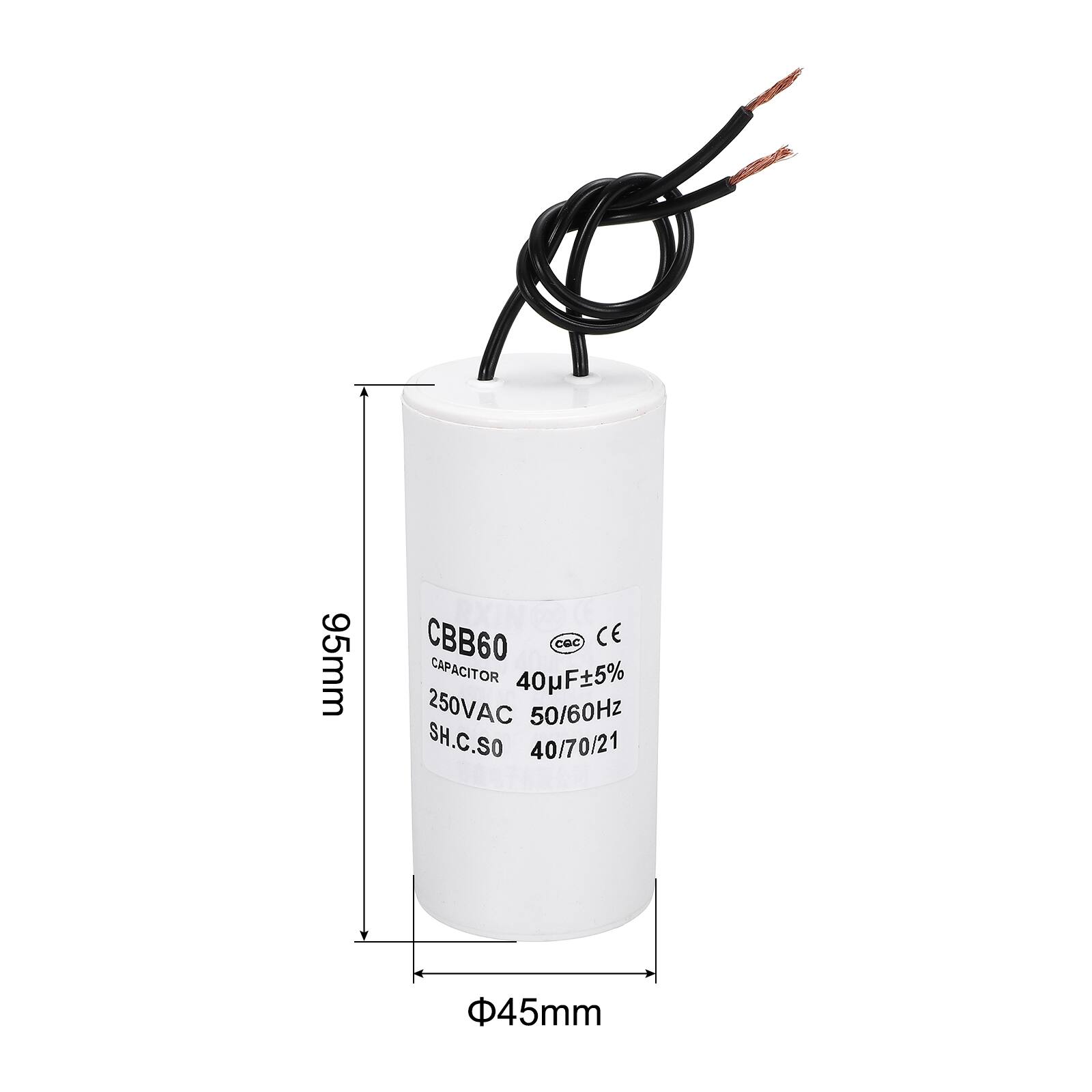 95mm CBB60 Capacitor 40µF±5% 250VAC 50/60Hz SH.C.SO 40/70/21 45mm