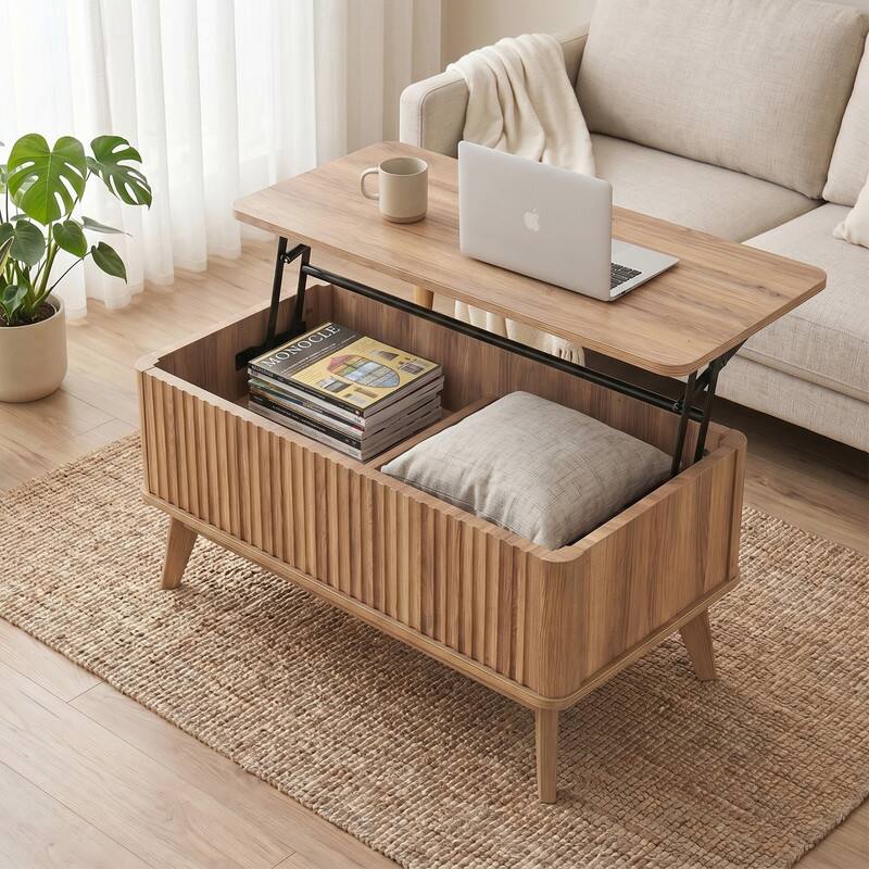 Angle. WELLFOR - 35.5 " Modern Fluted Lift Top Coffee Table  with Hidden Storage, Rectangle Wood Center Table for Living Room - Walnut 35.5".