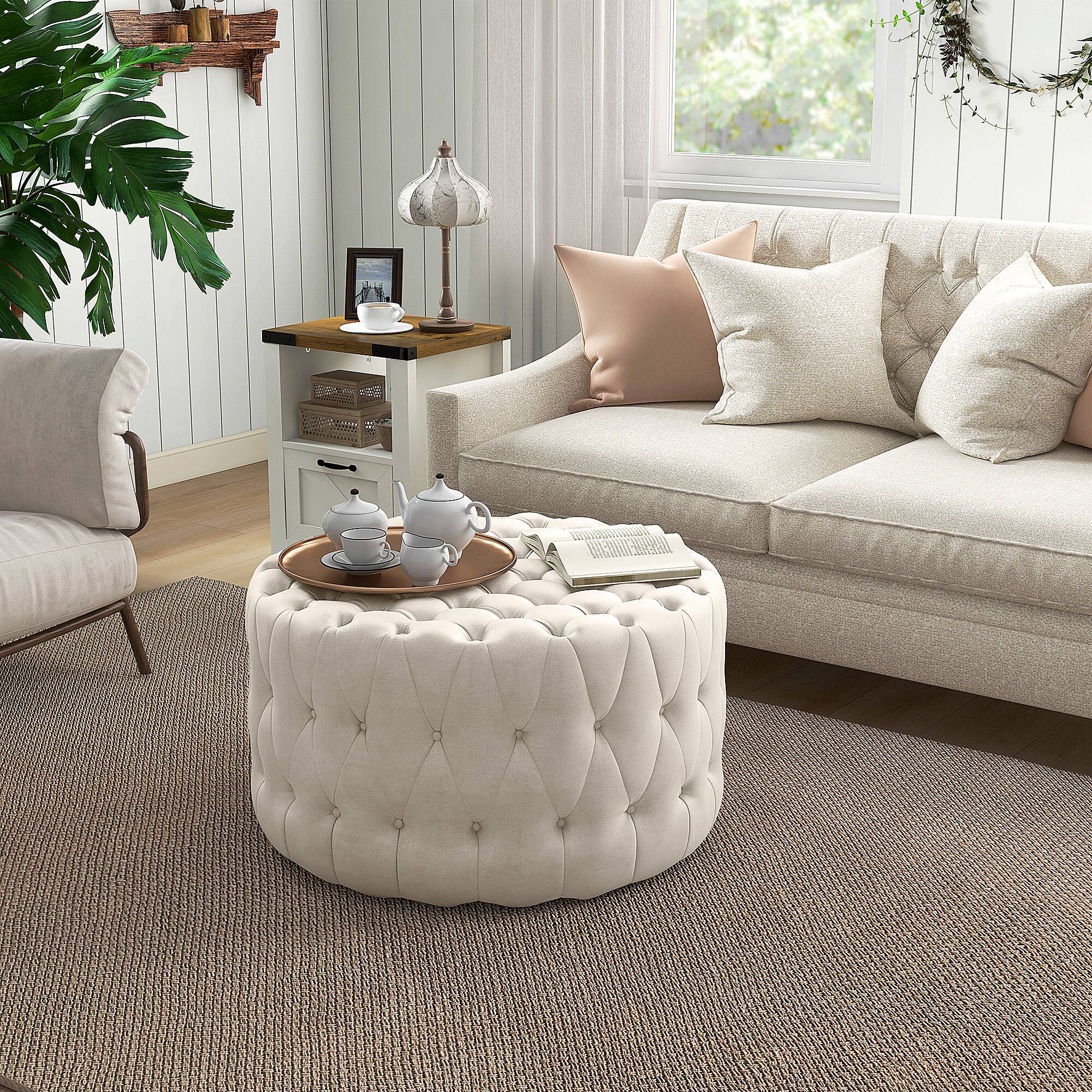 Alt View 9. Homcom - 31.5" Round Ottoman, Large Velvet-Feel Upholstered Foot Stool with Button Tufted Design and Padded Seat for Living Room - Beige.
