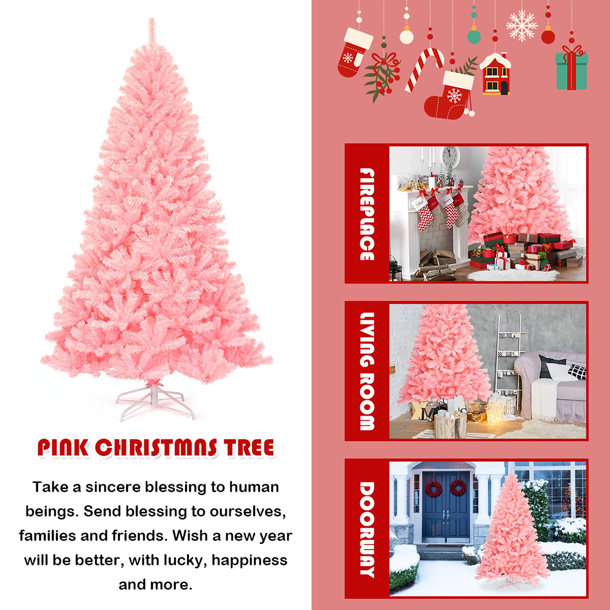 The text on the image is grouped as follows:

1. Pink Christmas Tree: Take a sincere blessing to human beings. Send blessing to ourselves, families and friends. Wish a new year will be better, with lucky, happiness and more.
2. Fireplace: Living Room: Doorway