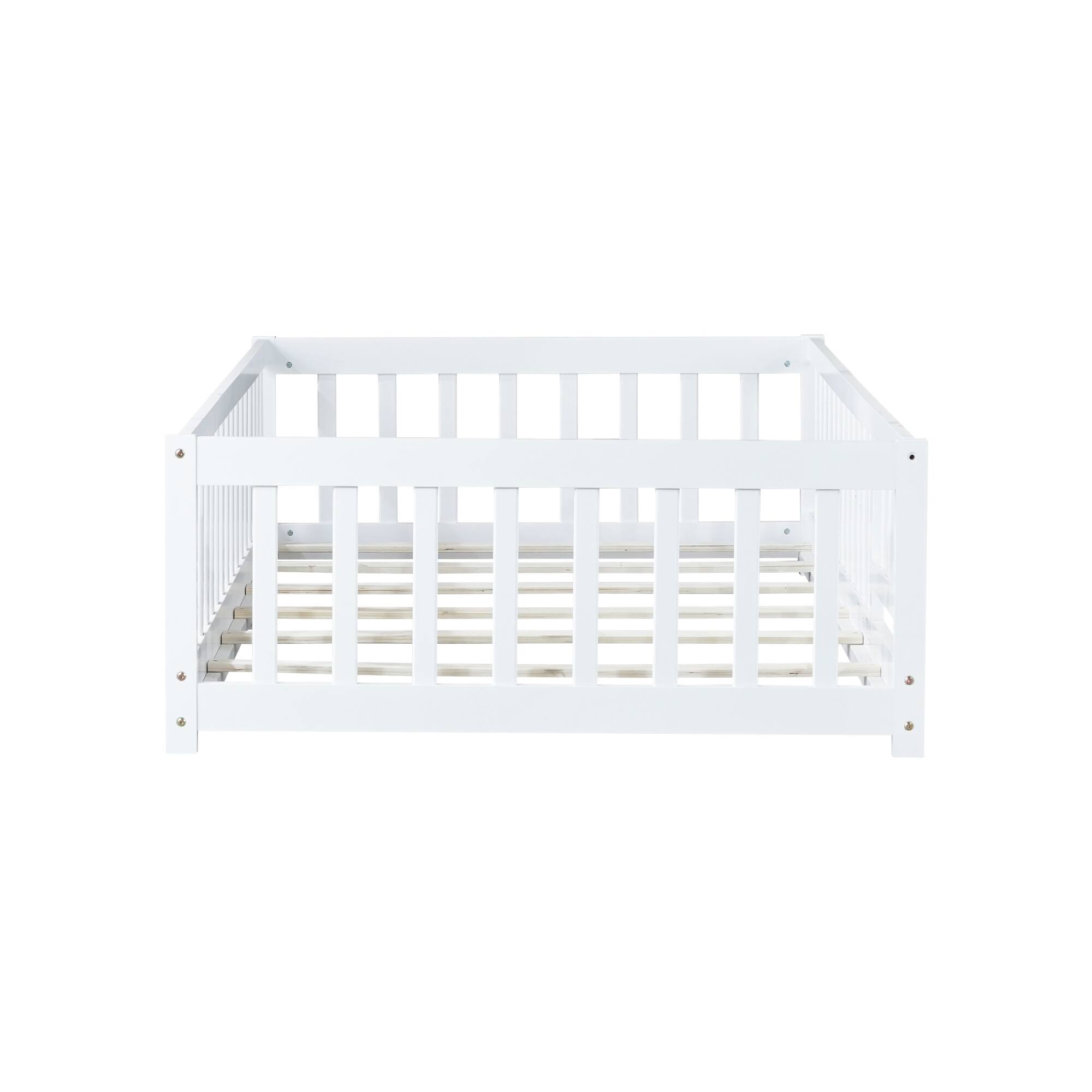 Alt View 7. GOODSILO - Twin Size Low-Profile Children's Floor Bed with Safety Guardrails and Entry Door, Natural Wood Finish - White.