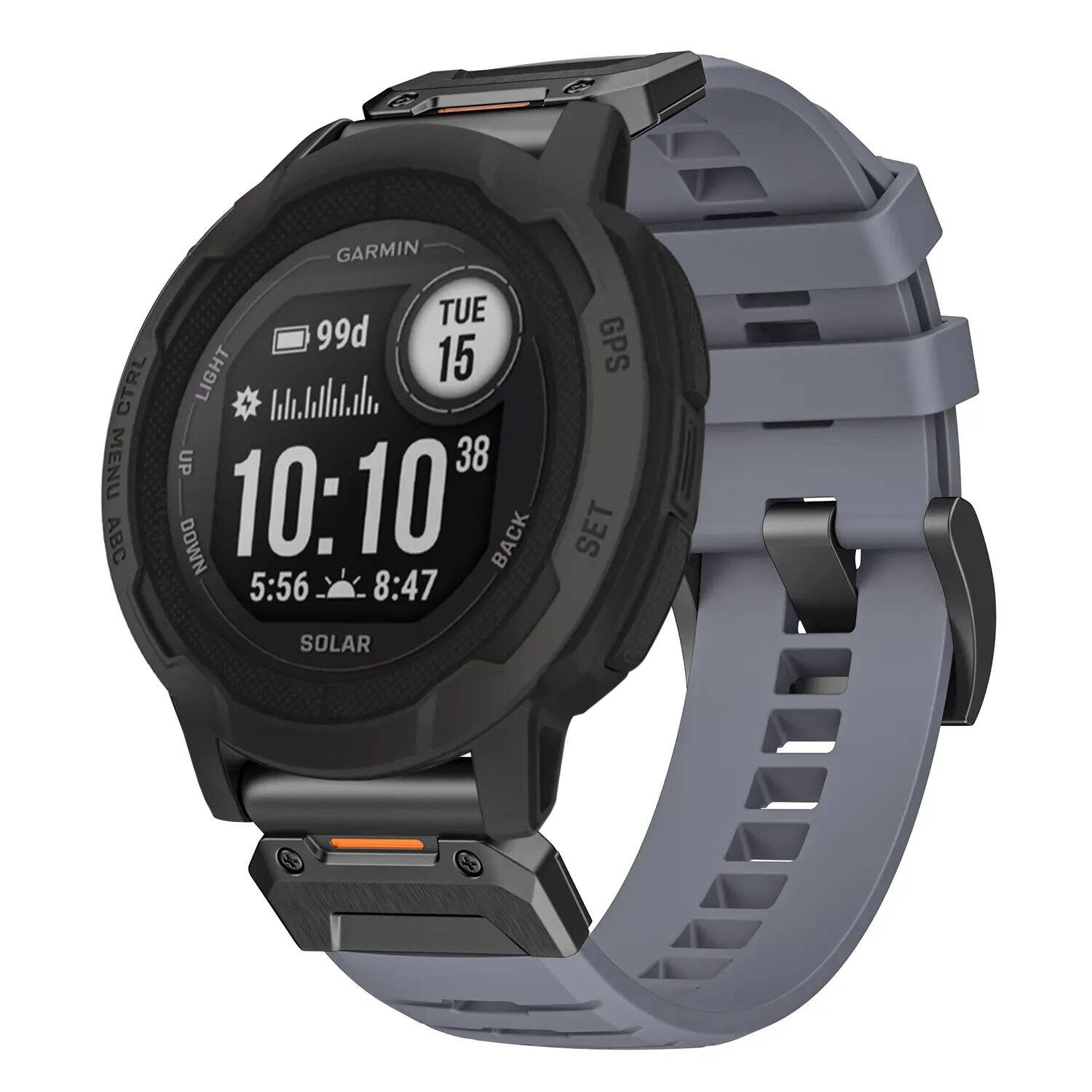GARMIN  
TUE 15  
99d  
LIGHT  
10:10  
38  
5:56 - 8:47  
SOLAR  
GPS  
MENU UP  
CTRL  
ABC DOWN  
BACK  
SET