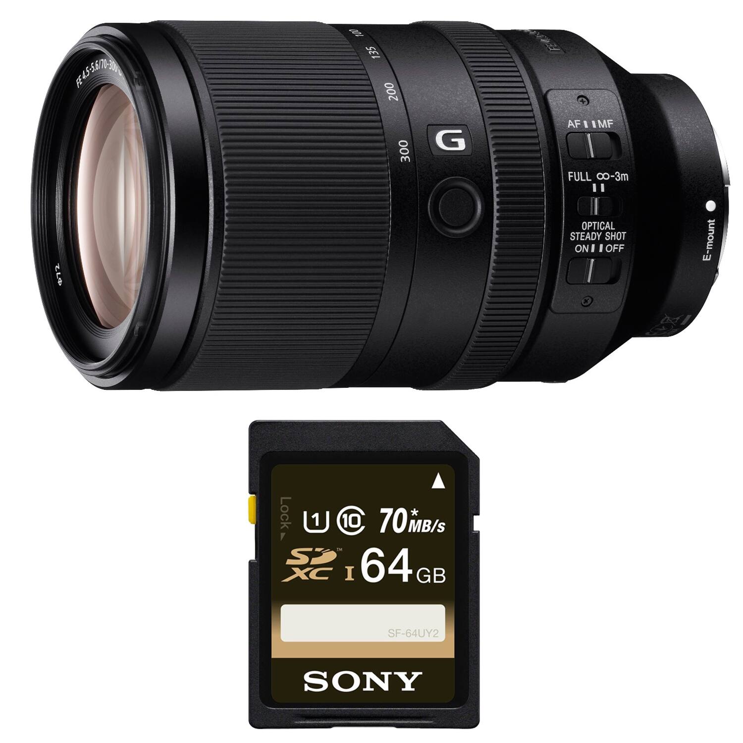 Sure, here is the corrected and grouped text:

**Lens:**
- FE 45-60/90-300
- G
- AF/MF
- FULL 0.3m
- OPTICAL STEADY SHOT ON/OFF
- E-mount

**Memory Card:**
- 64 GB
- 70 MB/s
- UHS-I
- SF-64UY2
- SONY