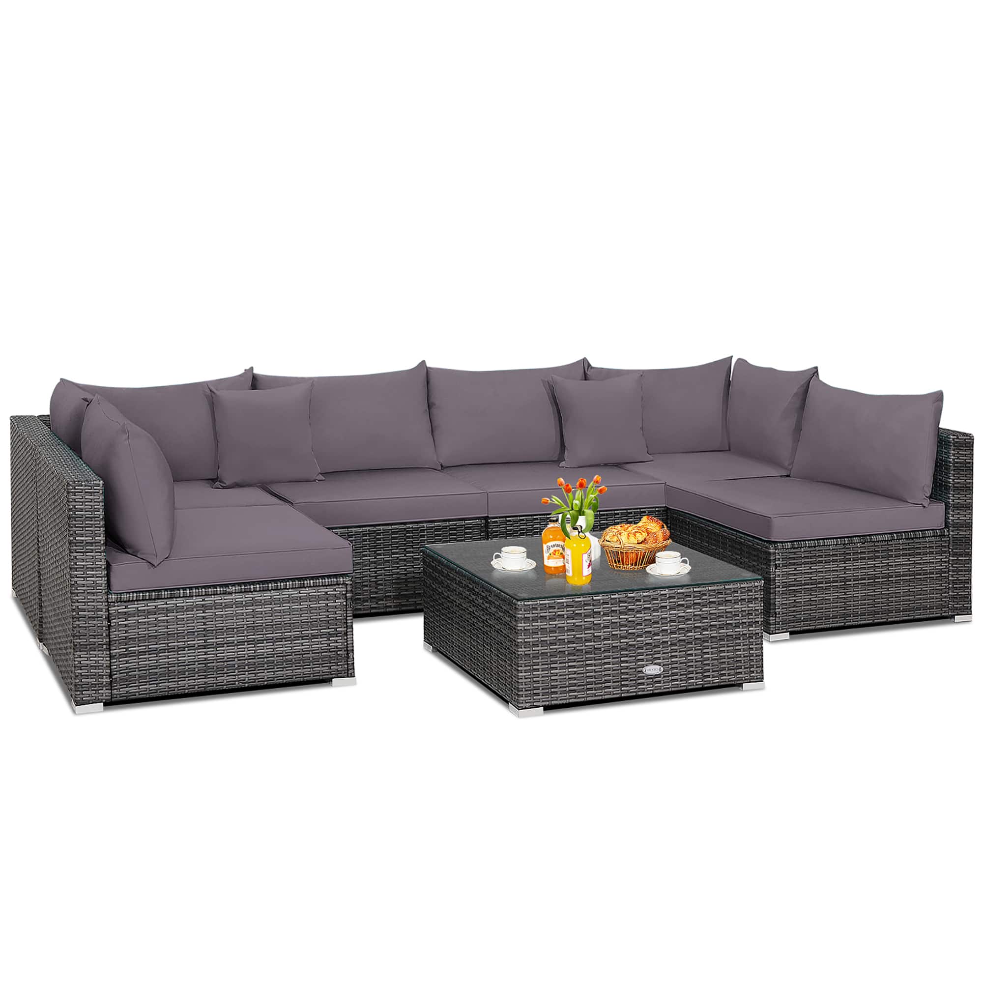 Front. Costway - 7PCS Patio Rattan Furniture Set Sectional Sofa Cushioned Garden - Gray.