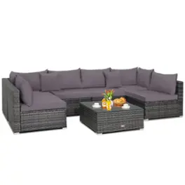 Costway 7PCS Patio Rattan Furniture Set Sectional Sofa Cushioned Garden - Gray