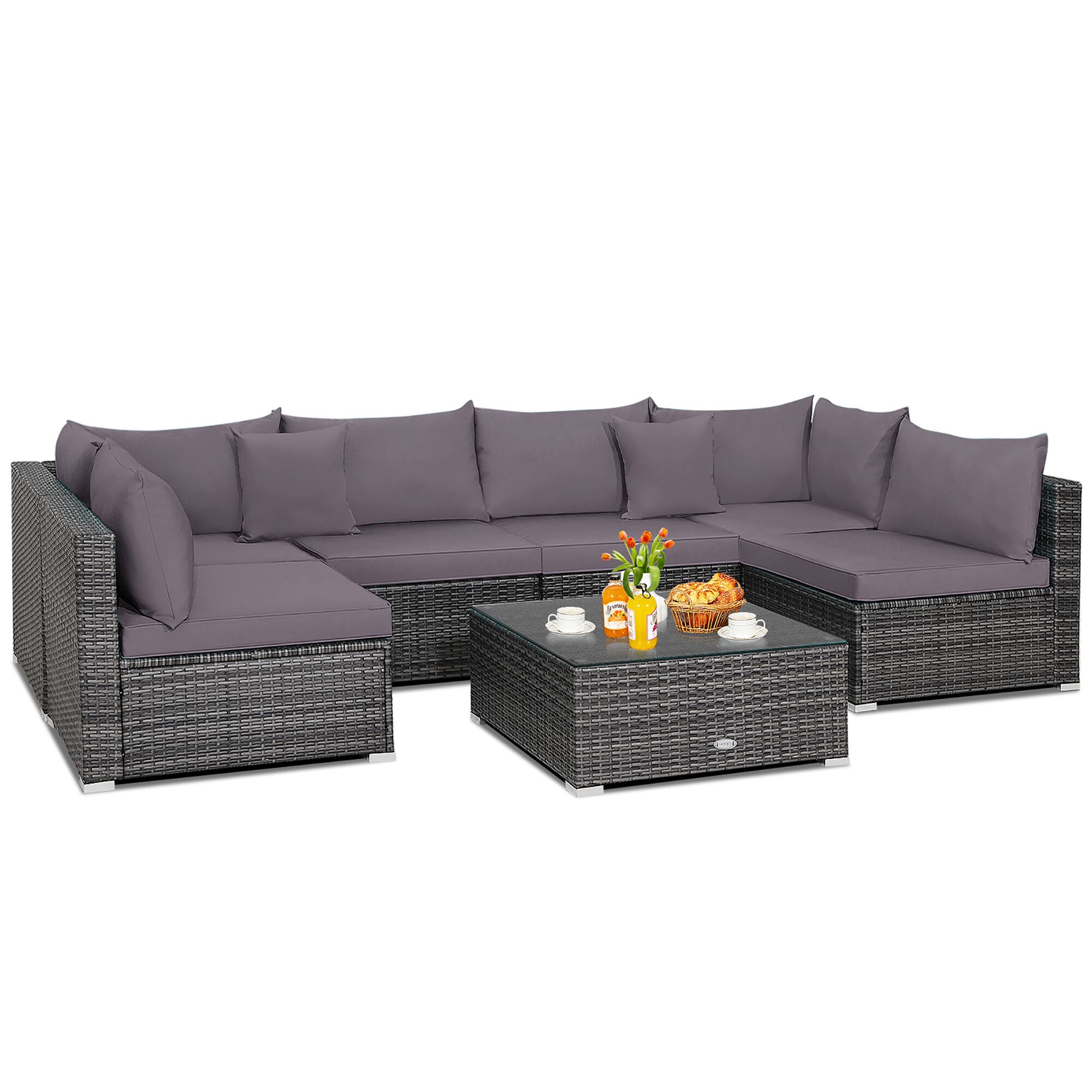 Front. Costway - 7PCS Patio Rattan Furniture Set Sectional Sofa Cushioned Garden - Gray.