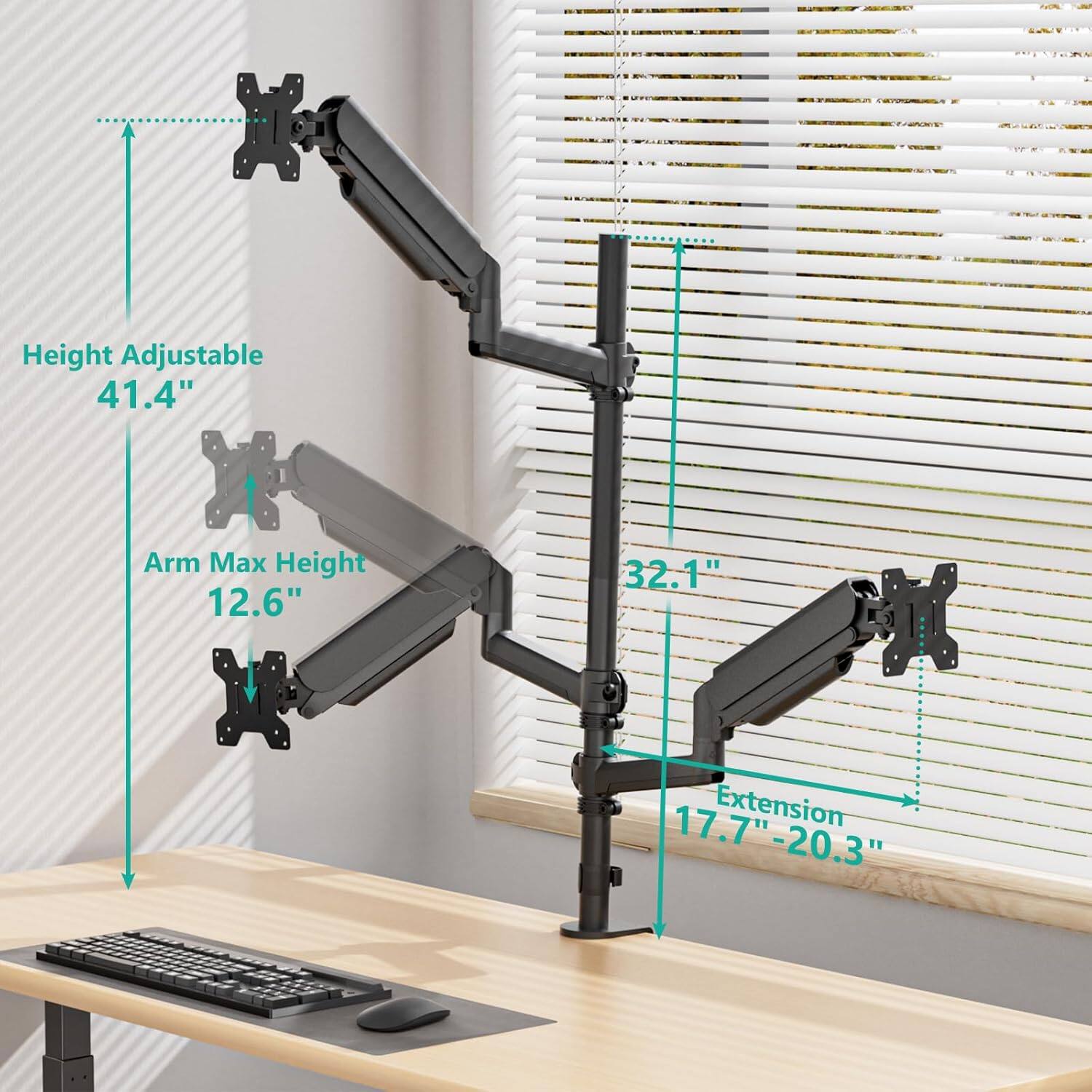 Height Adjustable 41.4"  
Arm Max Height 12.6"  
Extension 17.7"-20.3"