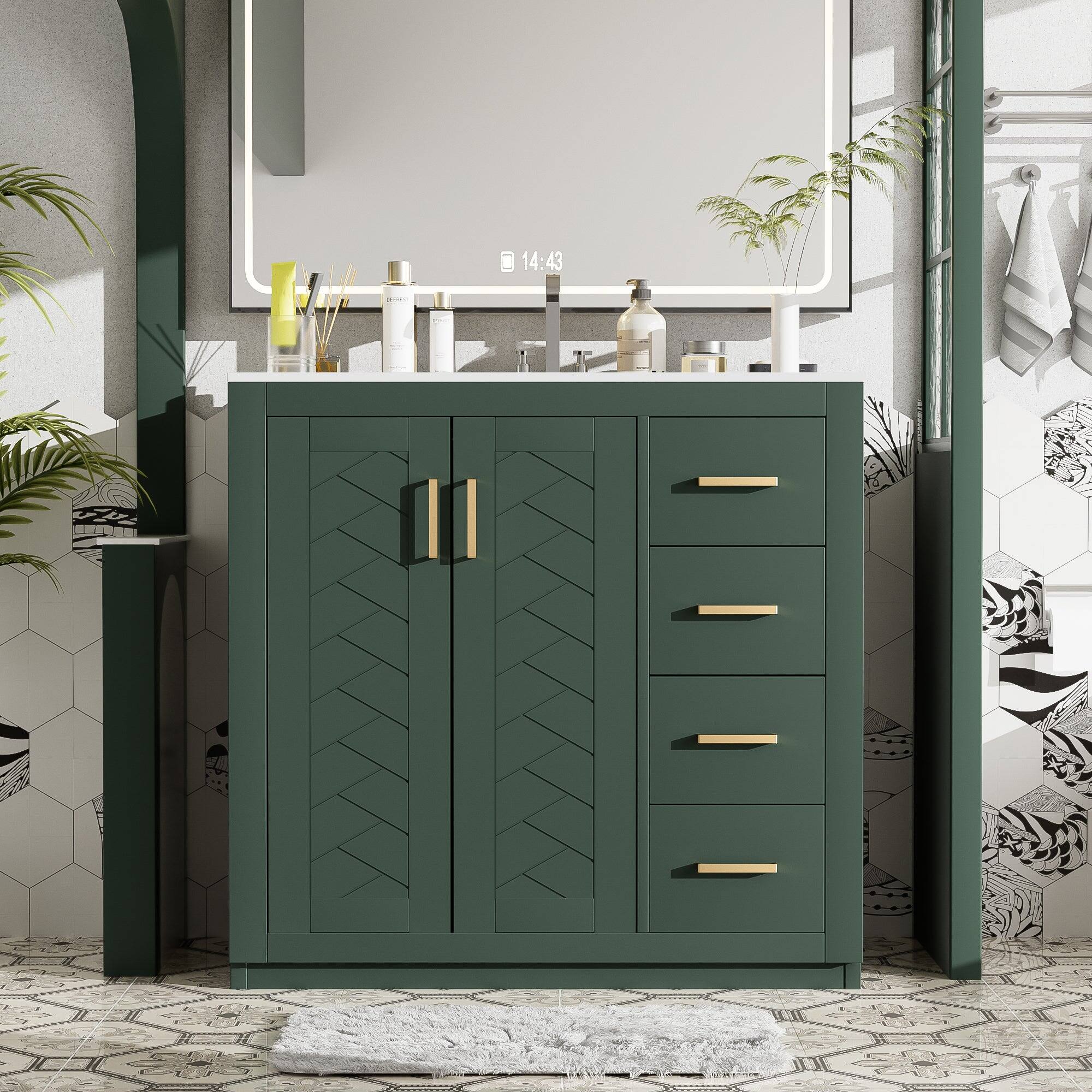 Alt View 4. Boyel Living - 36 Inch Solid Wood Bathroom Vanity with Ceramic Sink and Three Drawers Green - Green.