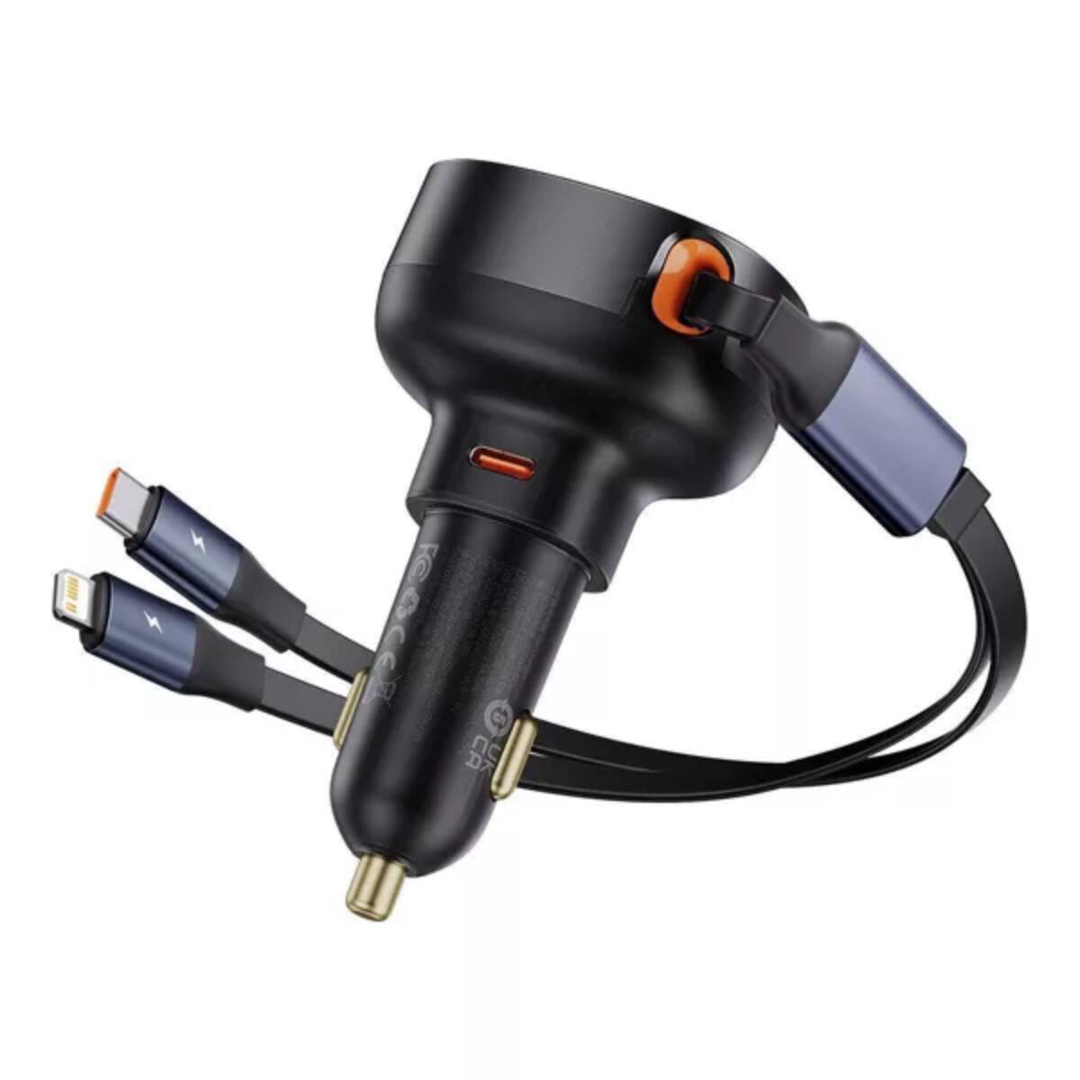 Alt View 5. Baseus - Baseus Enjoyment Pro Car Charger C + Retractable C & iP Cable 60W Cluster Black - Black.