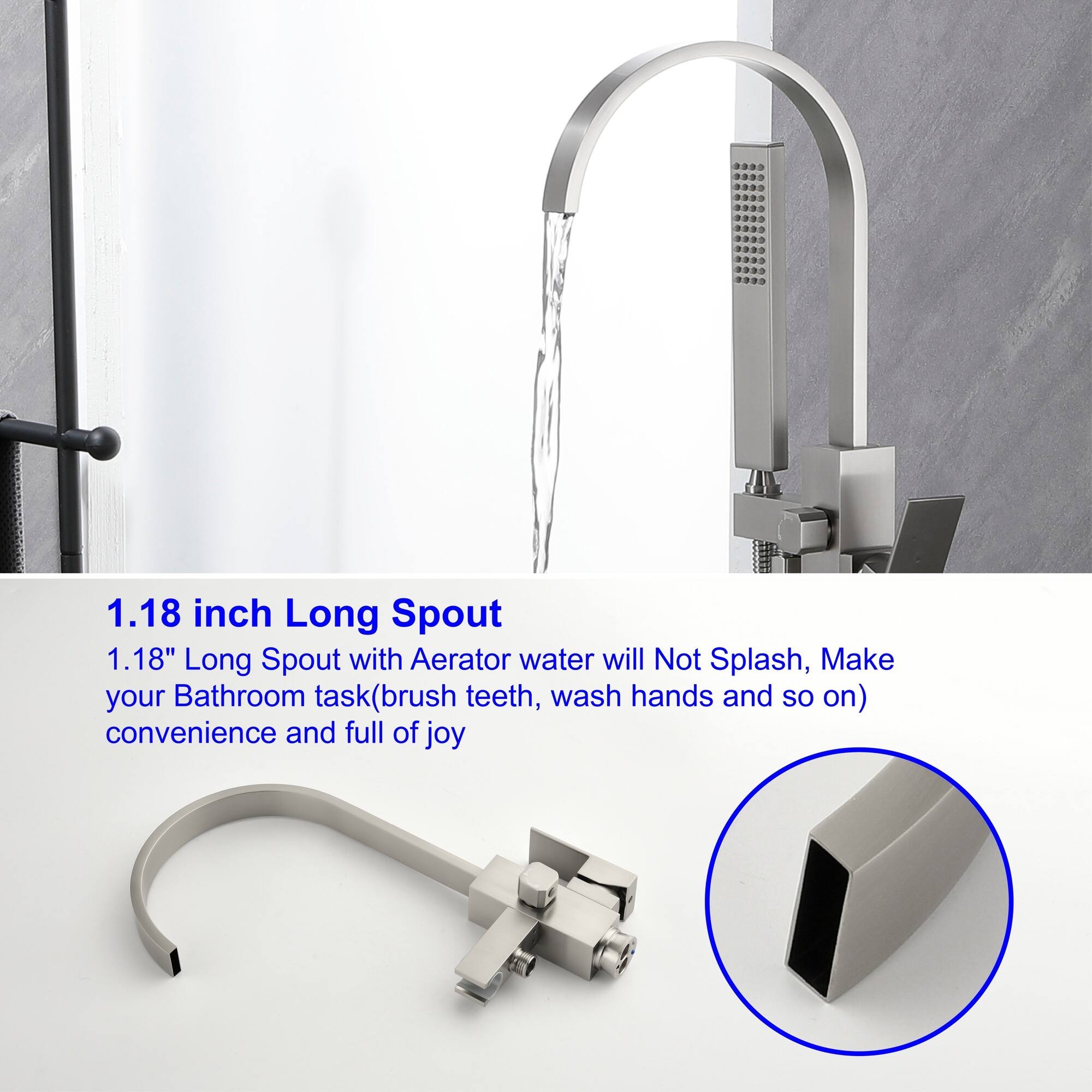 1.18 inch Long Spout  
1.18" Long Spout with Aerator water will Not Splash, Make your Bathroom task (brush teeth, wash hands and so on) convenience and full of joy