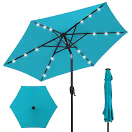 Best Choice Products - 7.5ft Outdoor Solar Patio Umbrella for Deck, Pool w/ Tilt, Crank, LED Lights - Sky Blue