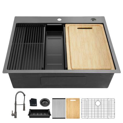 Front. TinyHomie - 27 Inch Topmount Gunmetal Black Workstation 18Gauge Stainless Steel Single Bowl Kitchen Sink with Faucet - Black.