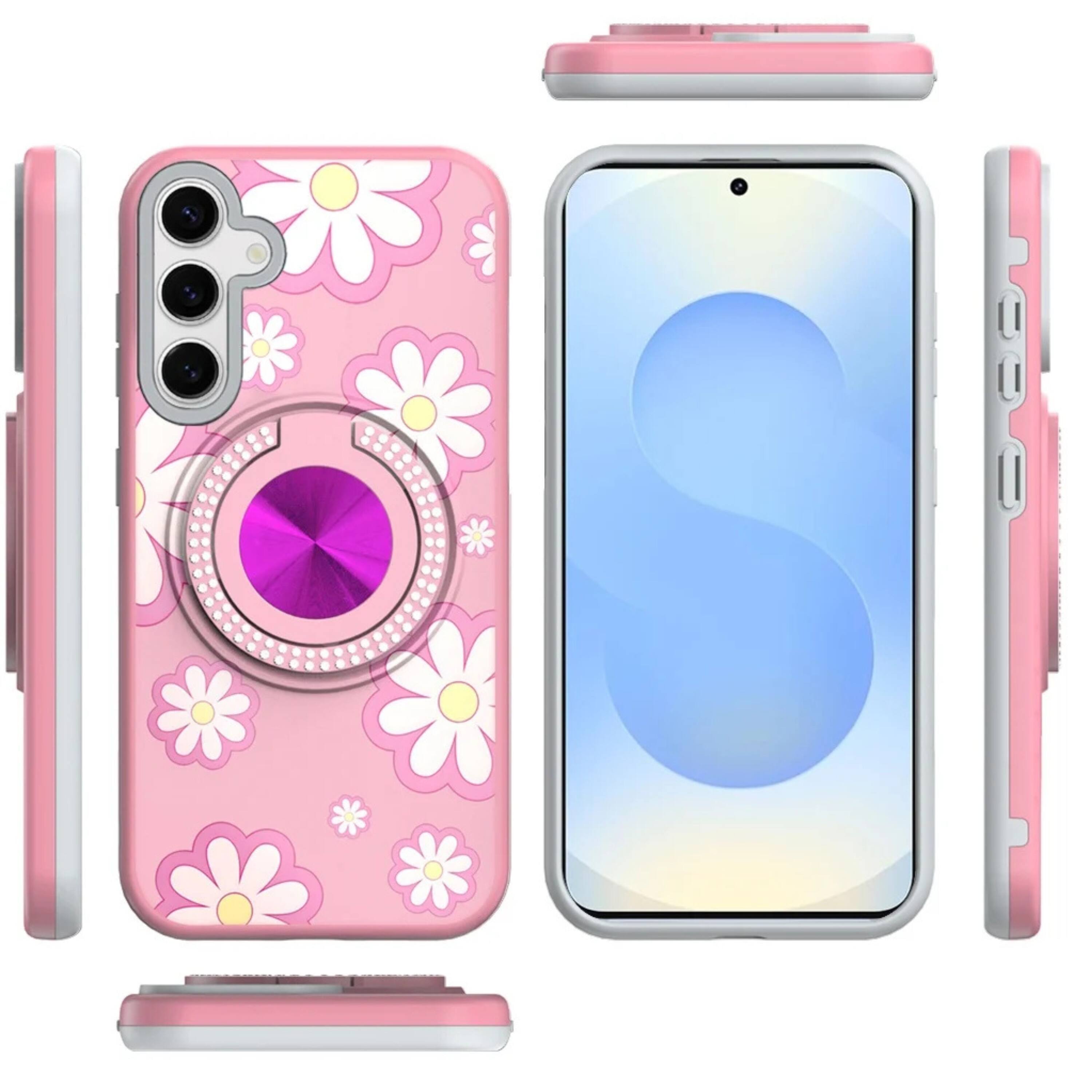 Angle. Kitcheniva - Printed Design Ring Stand Case With Tempered Glass For Samsung S25 Plus S24 Plus Flower Pink - Flower Pink.