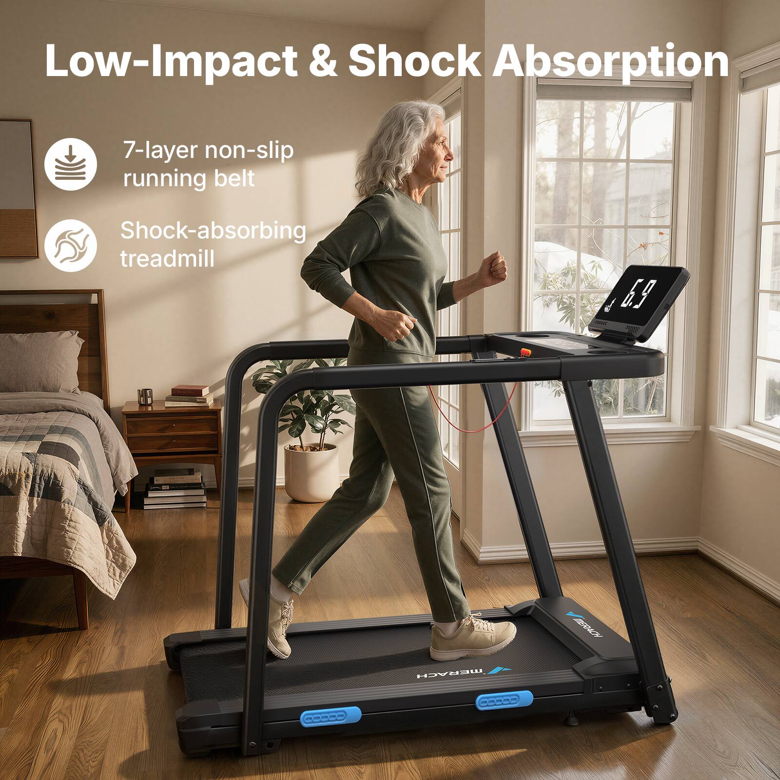 Low-Impact & Shock Absorption

7-layer non-slip running belt

Shock-absorbing treadmill