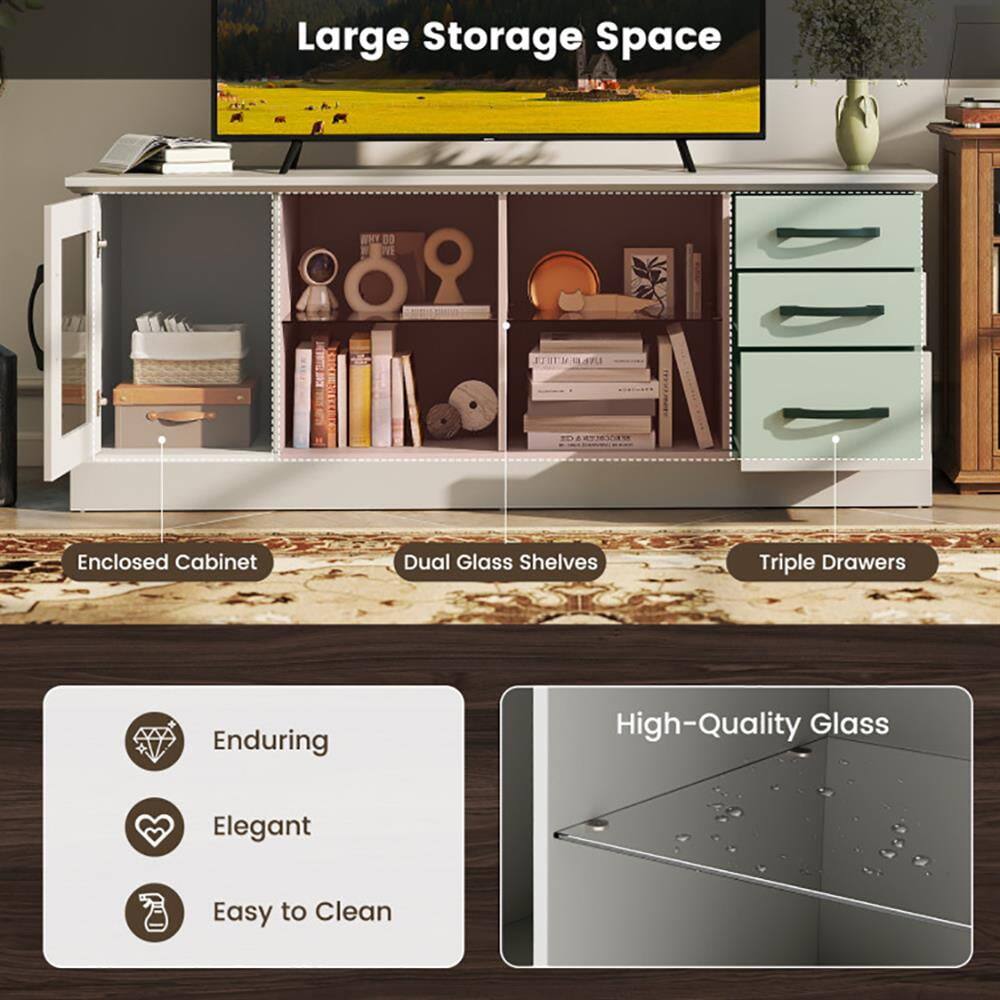 Large Storage Space  
Enclosed Cabinet  
Dual Glass Shelves  
Triple Drawers  
Enduring  
Elegant  
Easy to Clean  
High-Quality Glass