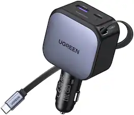 UGREEN - 90W USB-C Fast Car Charger with Retractable Cable, 3-Port, for iPhones, Cellphones, Laptops - Black