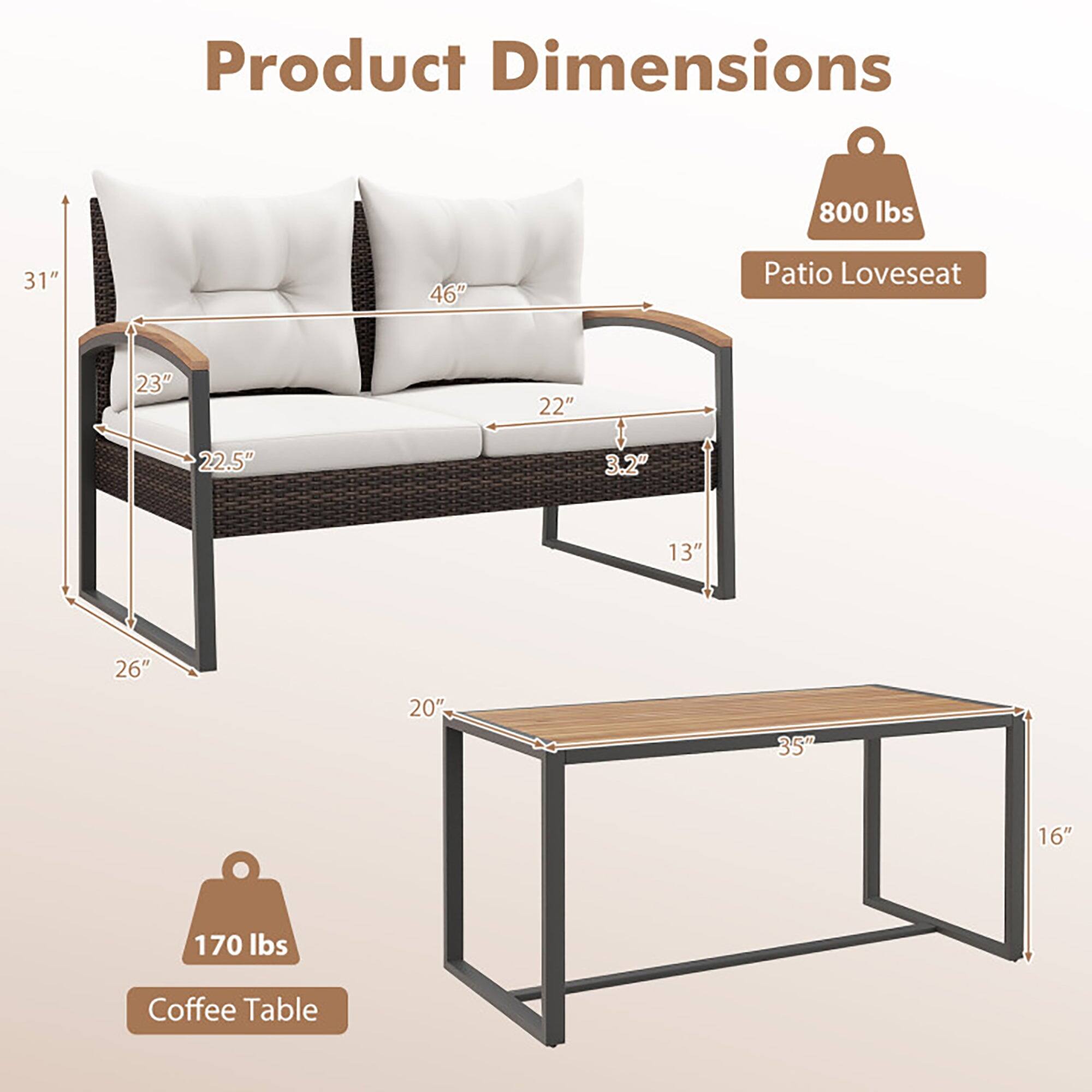 Product Dimensions:  
- Patio Loveseat: 800 lbs, 31" x 46" x 23" x 22" x 22.5" x 3.2" x 13" x 26" x 20"  
- Coffee Table: 170 lbs, 35" x 20" x 16"
