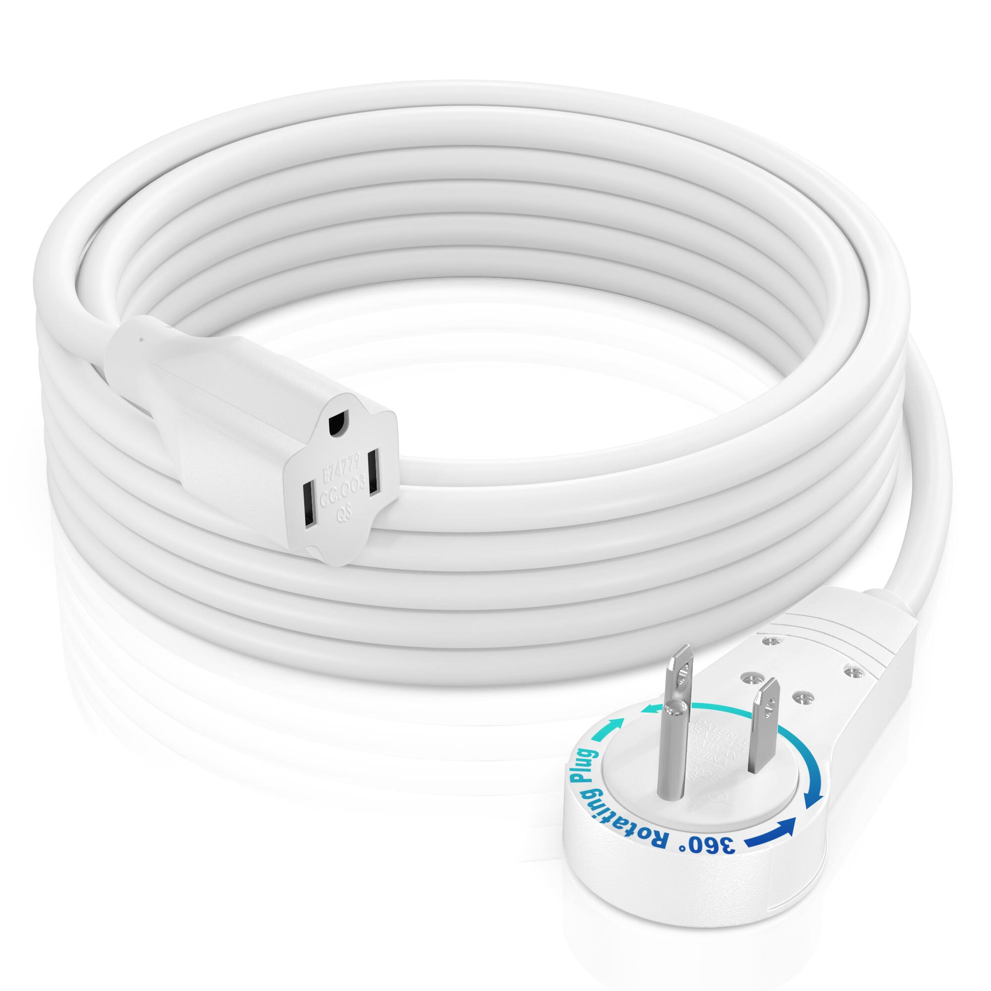 Maximm - 10 Foot 360° Rotating Flat Plug Extension Cord/Wire, 3 Prong Grounded Wire 16 Awg Power Cord - UL Certified - White