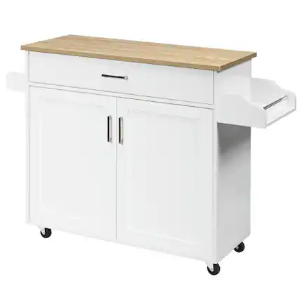 Front. Kadyn - Rolling Kitchen Island Cart with Towel and Spice Rack-White, Kitchen Island, Island Table for Kitchen,Dinning Room - White.