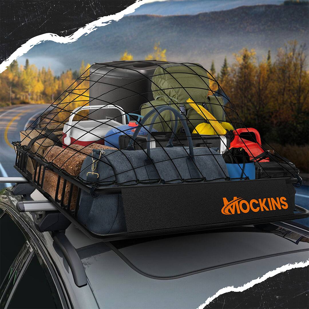 Back. Mockins - 50 in. x 36 in. x 4.5 in. Extendable Cargo Rooftop Carrier with Bungee Cargo Net and Ratchet Straps.