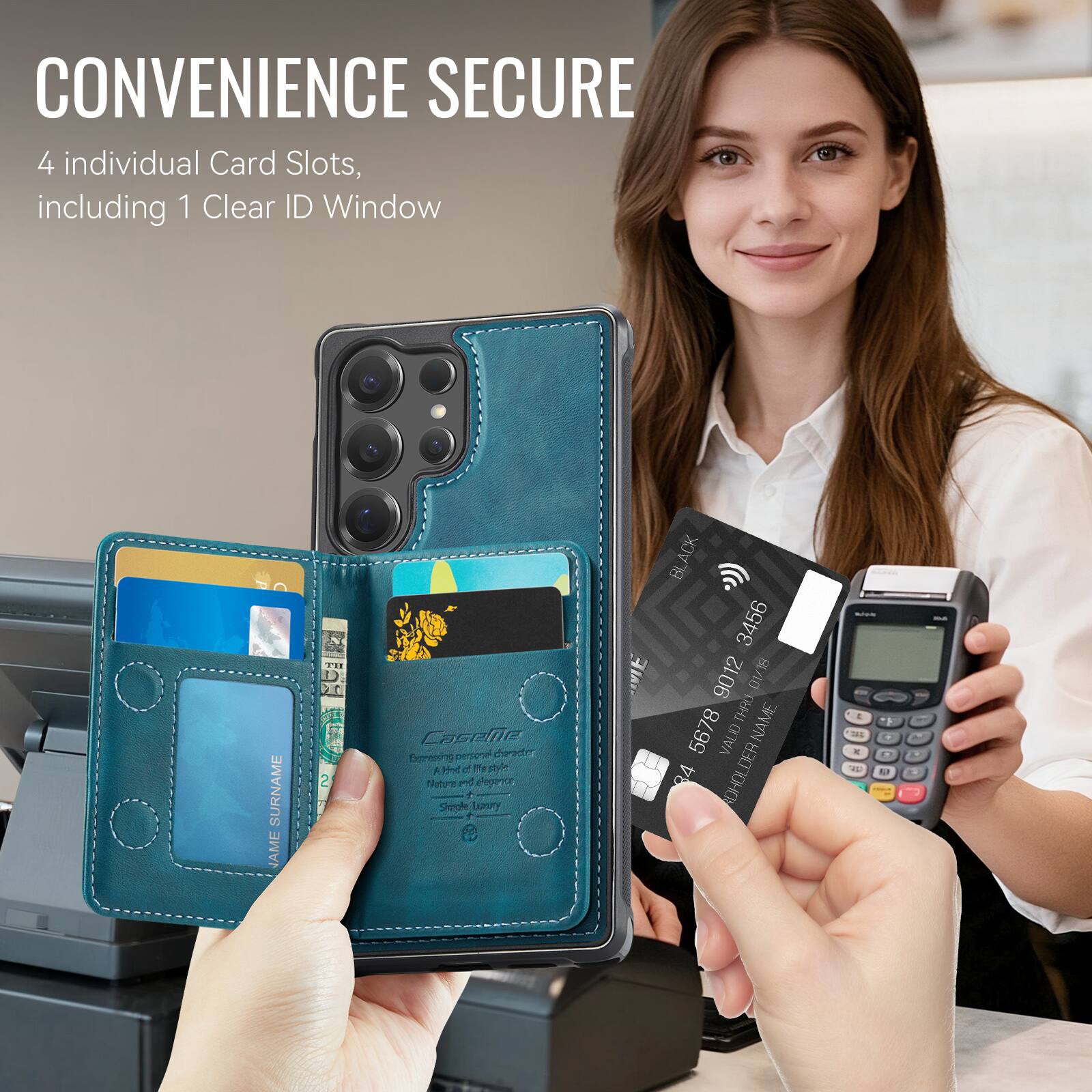 CONVENIENCE SECURE  
4 individual Card Slots, including 1 Clear ID Window  

SURNAME: JAME  
NAME: 5678  
VALID: 84  

CARDHOLDER: A - -  
ACK BL 3456 9012 8/10 DV TH
