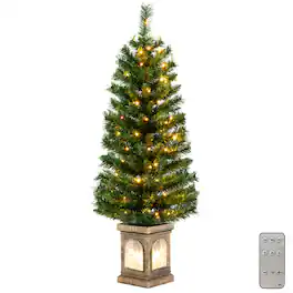 Costway - 1 PC 4 FT Pre-Lit Potted Christmas Tree Artificial Entrance Decor with 3 Lighting Modes - Green/ Gold