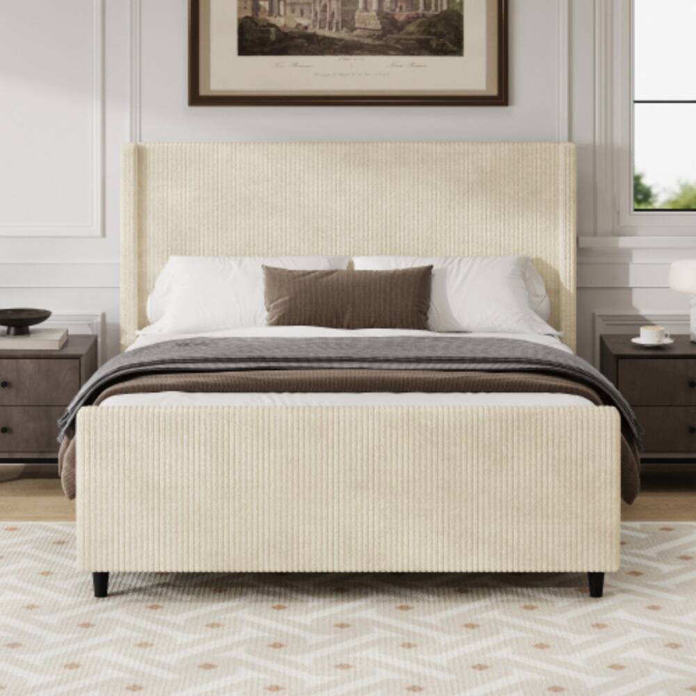 Angle. LUCKY ONE - Queen Size Corduroy Upholstered Platform Bed Frame with 50.7in Wingback Headboard, High Footboard, Wooden Slats - Cream.