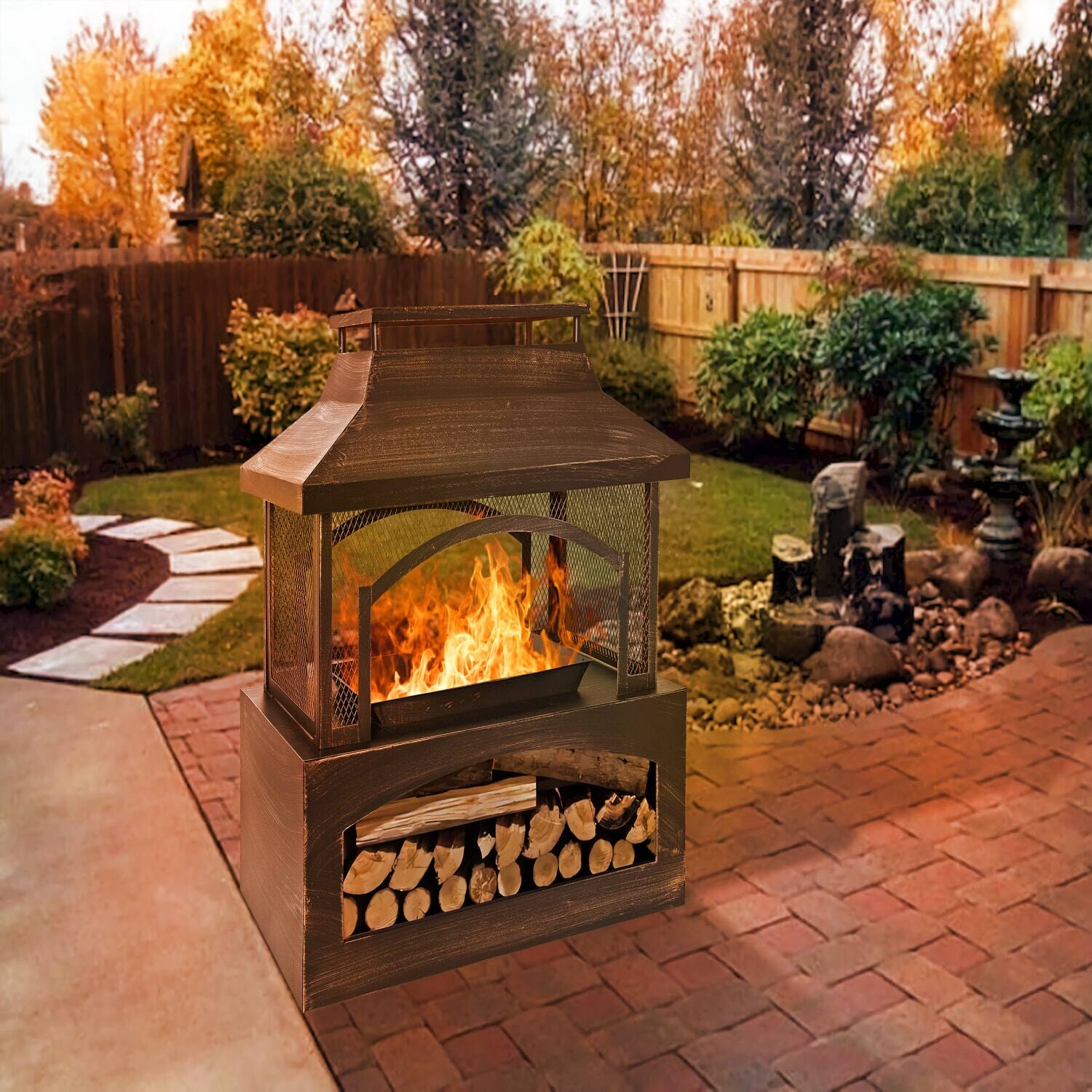 Back. Lirago - 37 Inch Bronze Rectangular Steel Wood Burning Fire Pit with Log Storage Outdoor Fireplace for Patio Backyard - Brown.