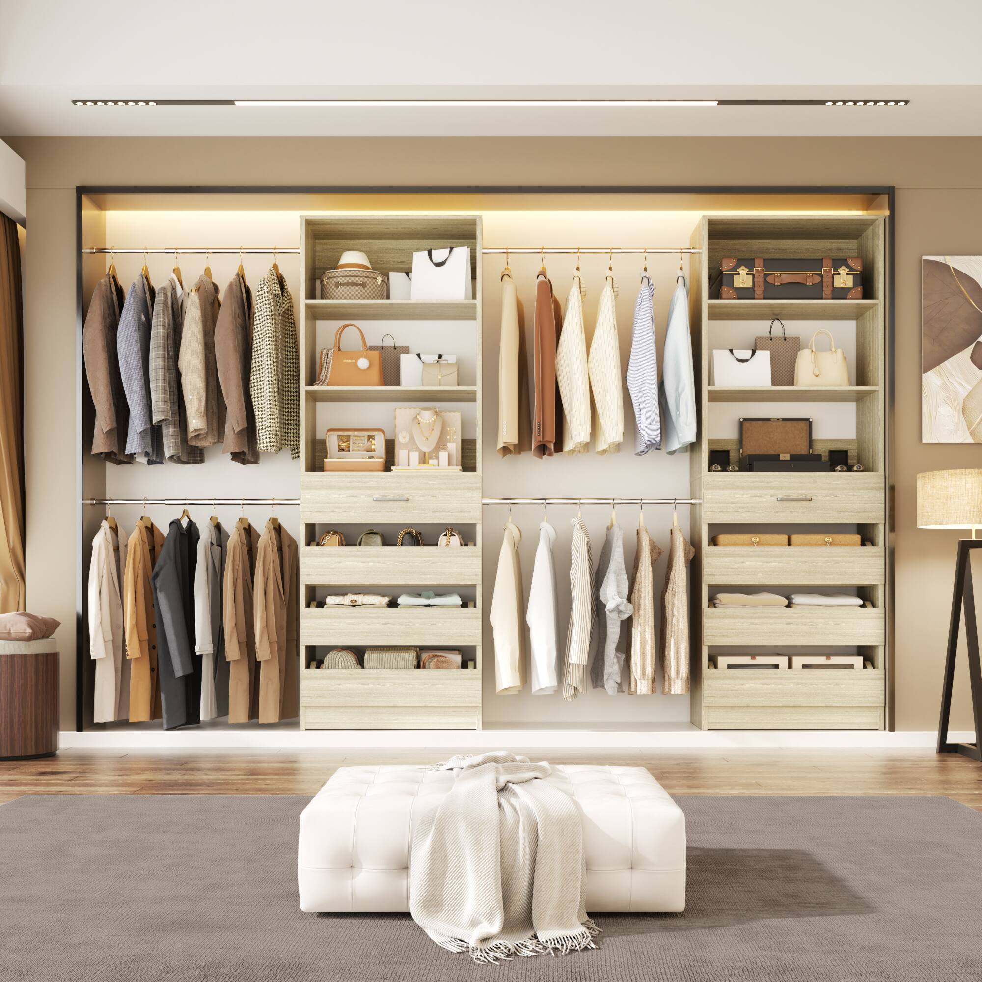 Back. Aheaplus - 6-15Ft Wood Walk-in Closet Organizer: 8 Drawers, 4 Hanging Rods & Tower - White Oak.